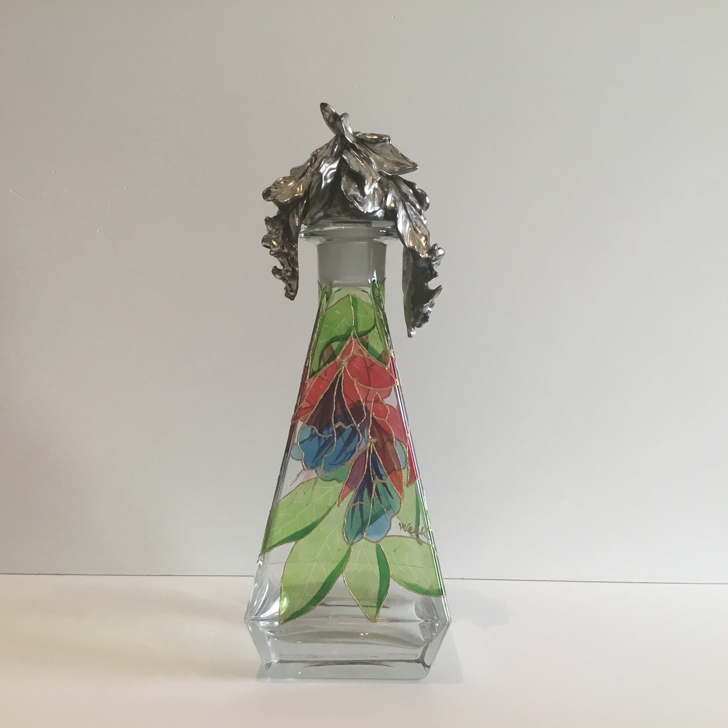 Vintage Italian Glass | 1960s Wenk Signed Bottle, Hand Painted with Crystal & Silver Cap — photo 3 of 11
