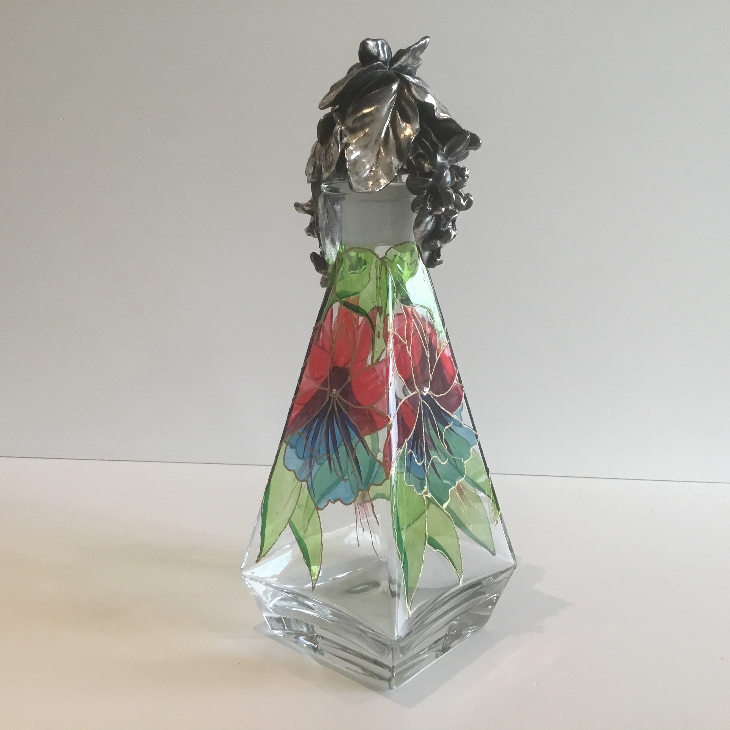 Vintage Italian Glass | 1960s Wenk Signed Bottle, Hand Painted with Crystal & Silver Cap — photo 4 of 11
