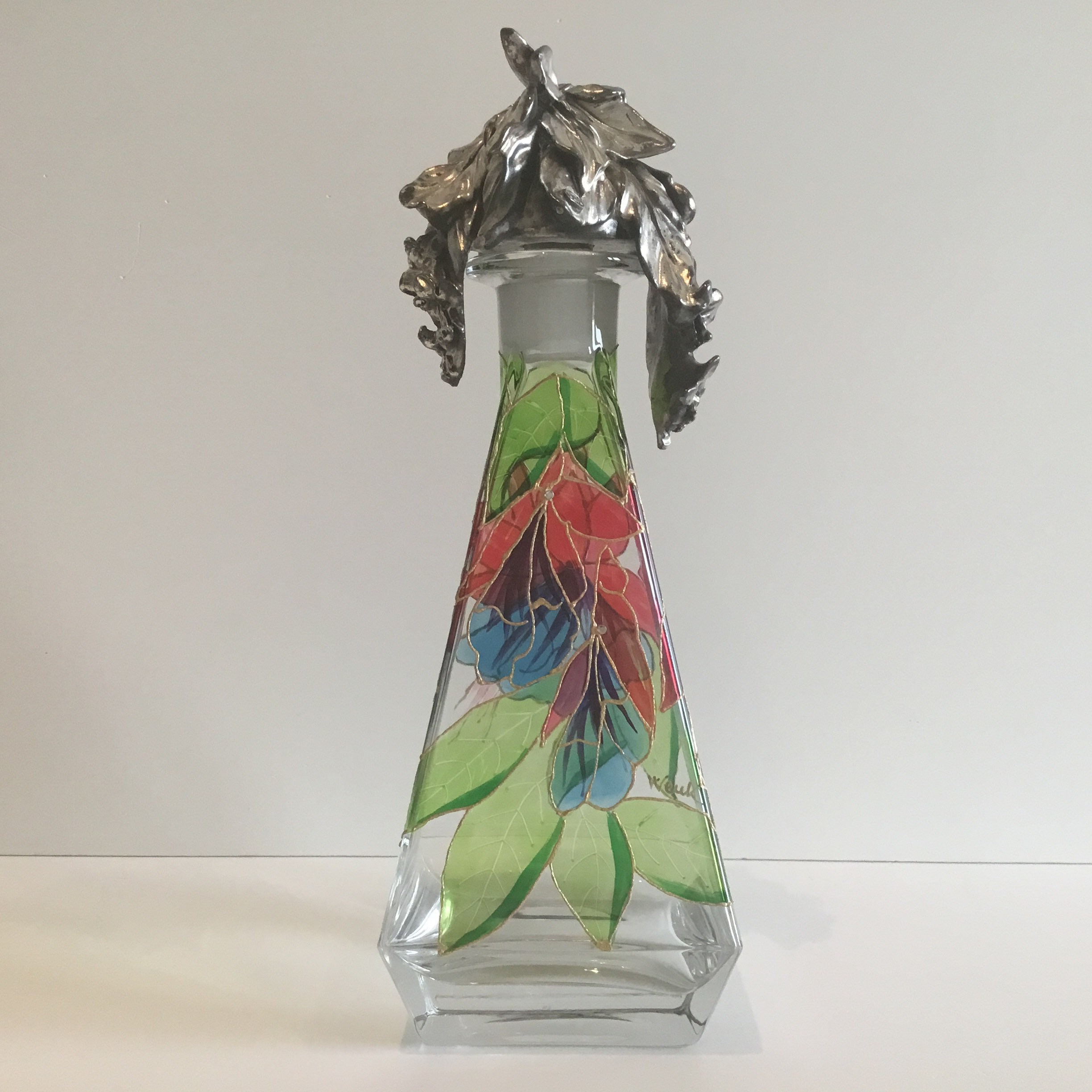 Vintage Italian Glass | 1960s Wenk Signed Bottle, Hand Painted with Crystal & Silver Cap — photo 5 of 11