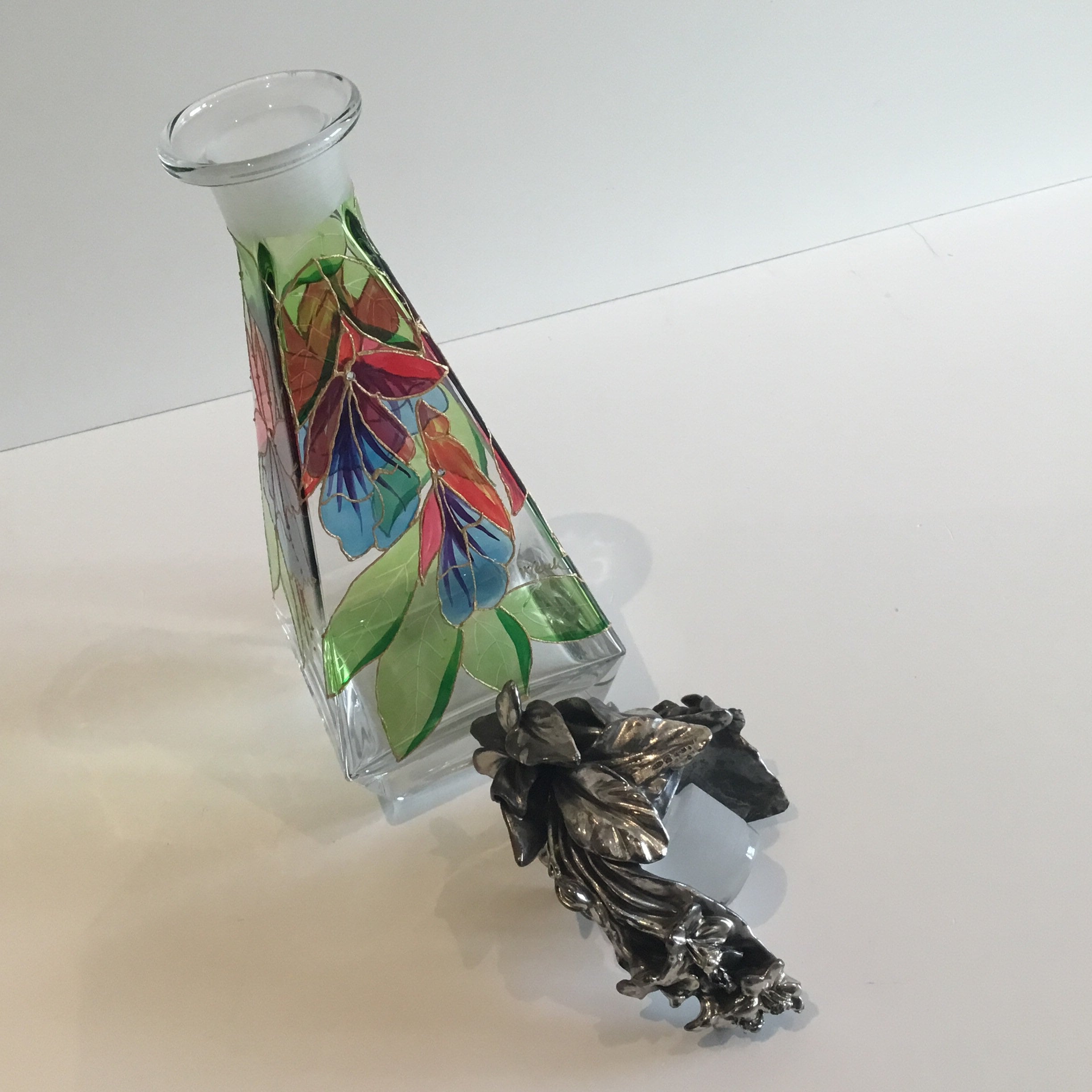 Vintage Italian Glass | 1960s Wenk Signed Bottle, Hand Painted with Crystal & Silver Cap — photo 6 of 11