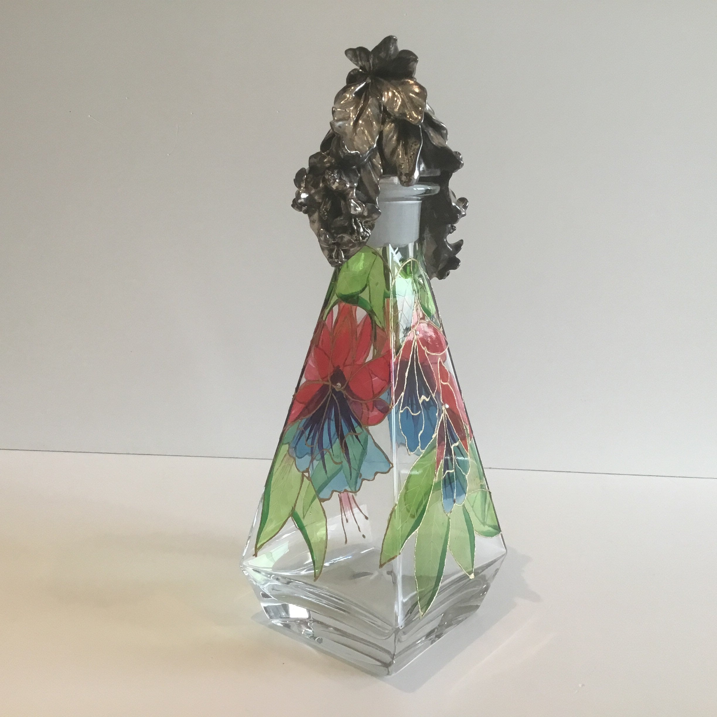 Vintage Italian Glass | 1960s Wenk Signed Bottle, Hand Painted with Crystal & Silver Cap — photo 7 of 11