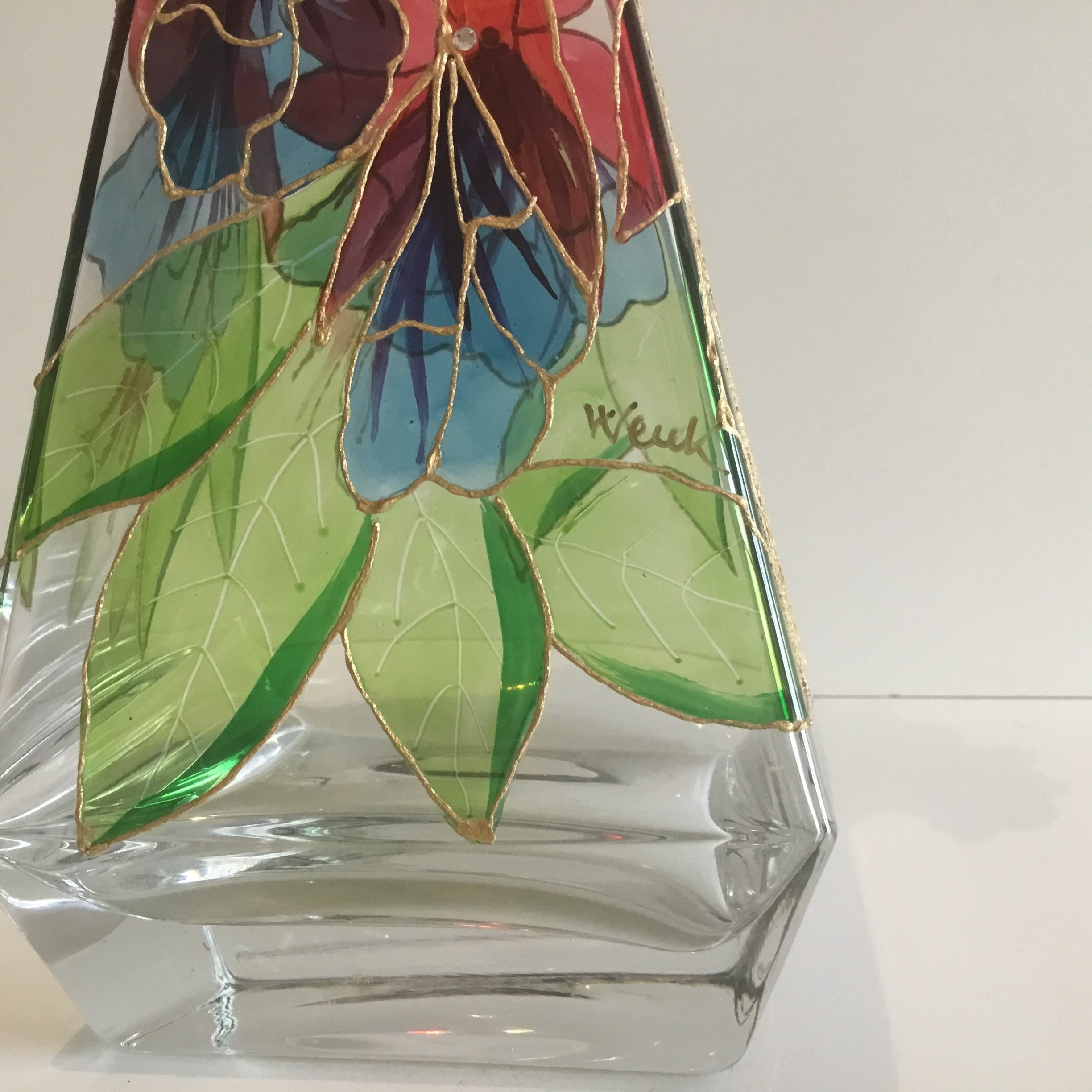 Vintage Italian Glass | 1960s Wenk Signed Bottle, Hand Painted with Crystal & Silver Cap — photo 8 of 11