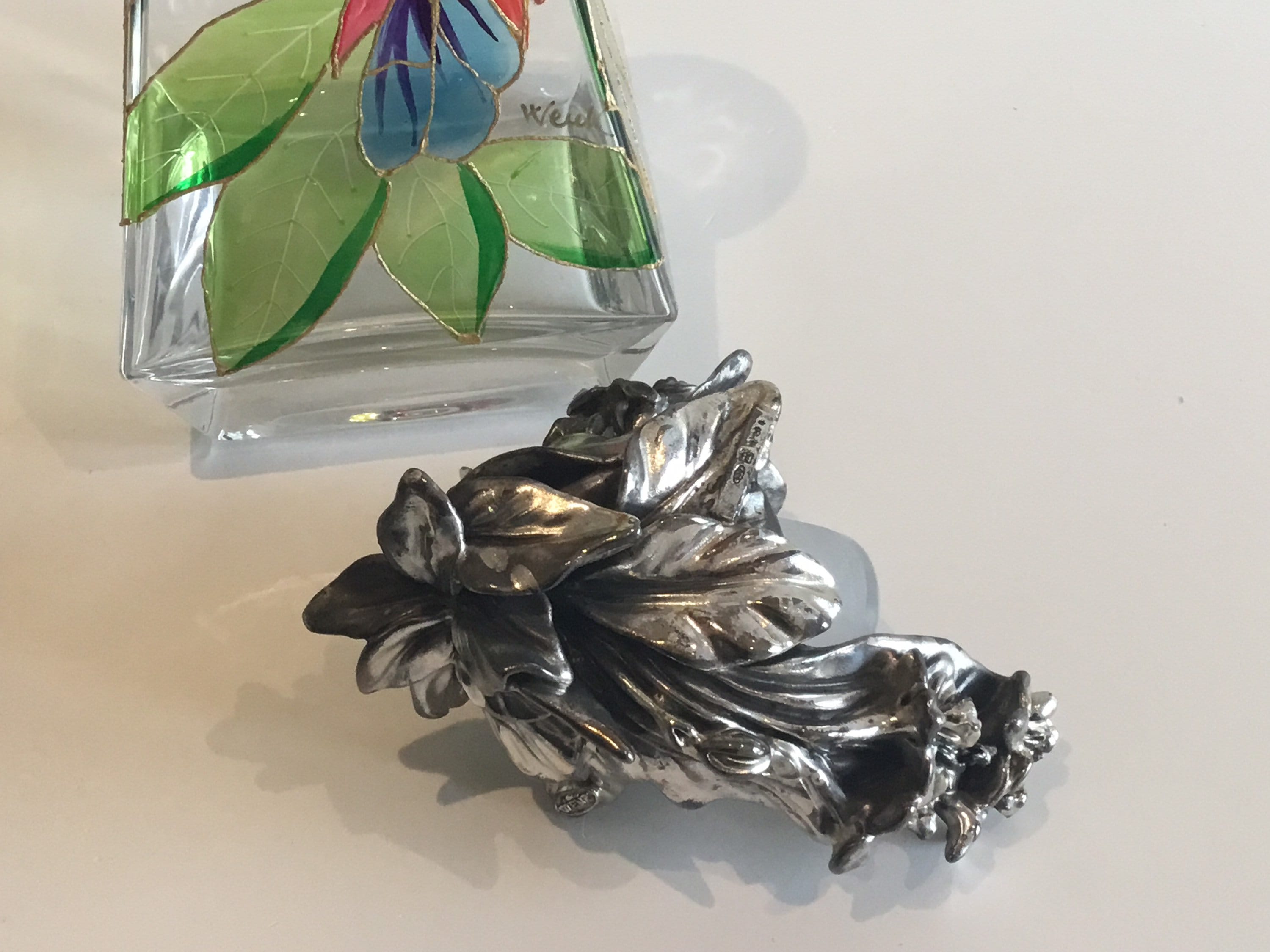 Vintage Italian Glass | 1960s Wenk Signed Bottle, Hand Painted with Crystal & Silver Cap — photo 9 of 11
