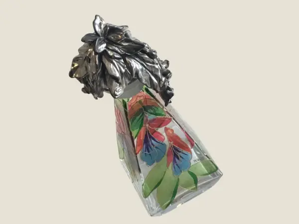 Vintage Italian Glass | 1960s Wenk Signed Bottle, Hand Painted with Crystal & Silver Cap