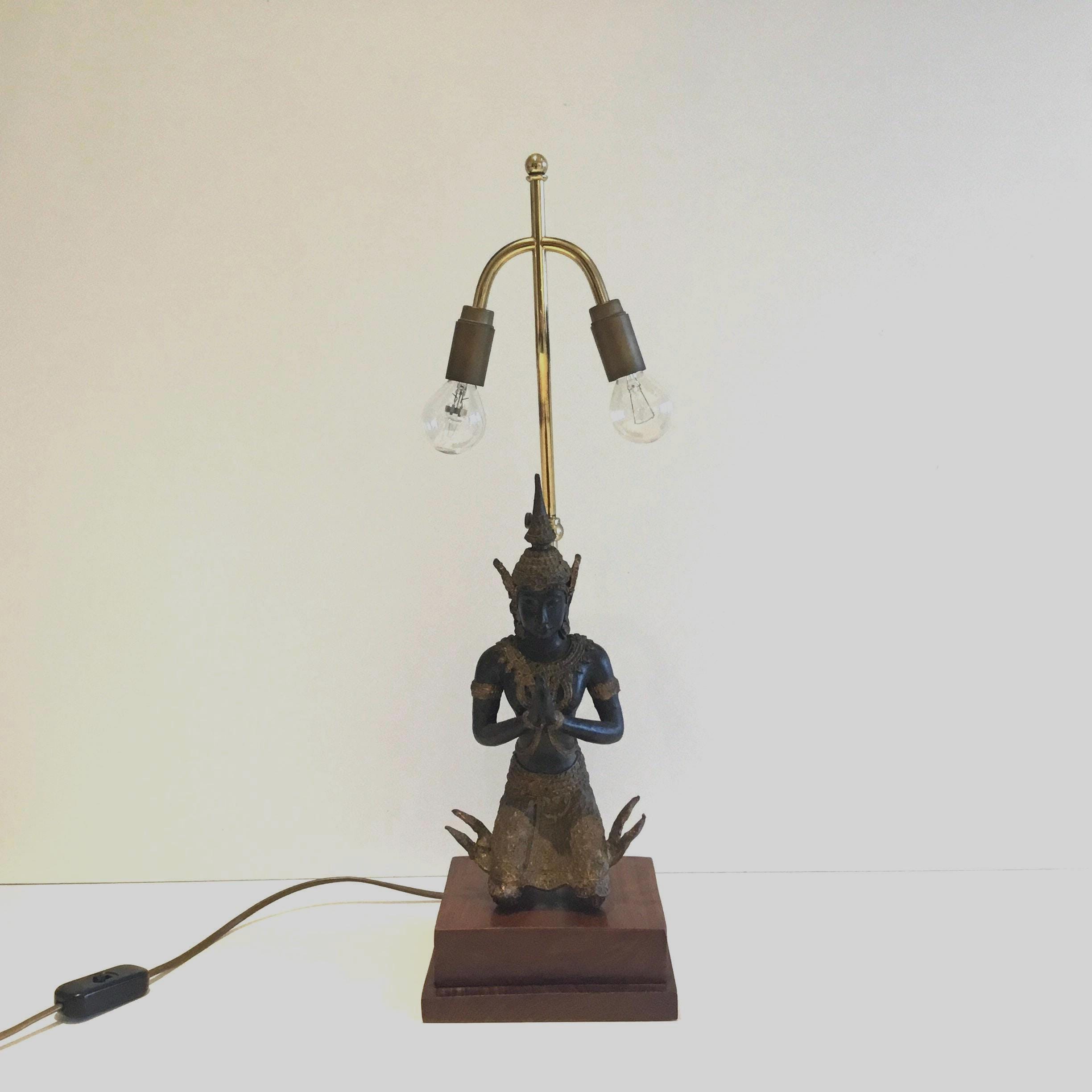 Vintage Thai Lamp | 1950s Bronze Theppanom Angel, Sacred Protector Statue with Light — photo 2 of 10