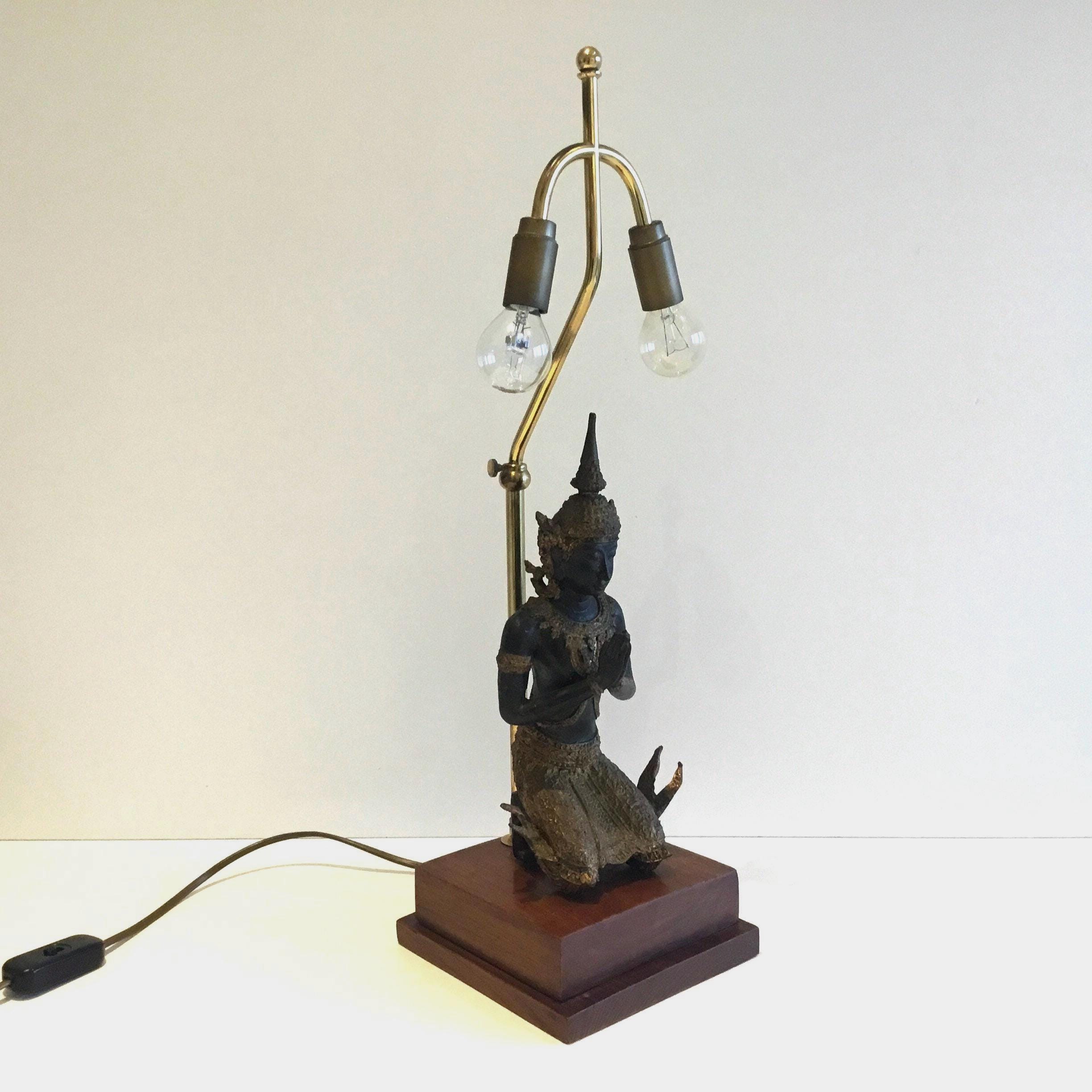 Vintage Thai Lamp | 1950s Bronze Theppanom Angel, Sacred Protector Statue with Light — photo 3 of 10