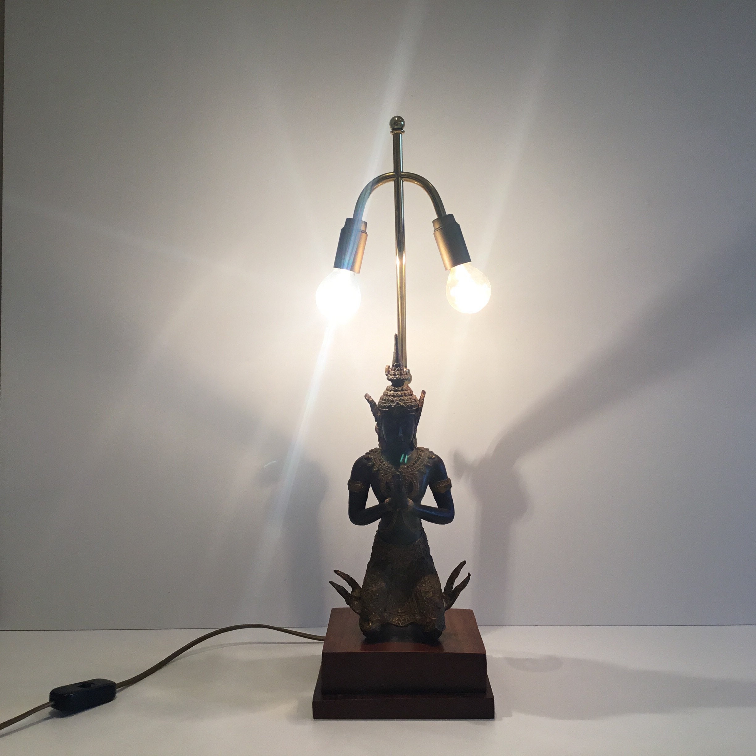 Vintage Thai Lamp | 1950s Bronze Theppanom Angel, Sacred Protector Statue with Light — photo 4 of 10