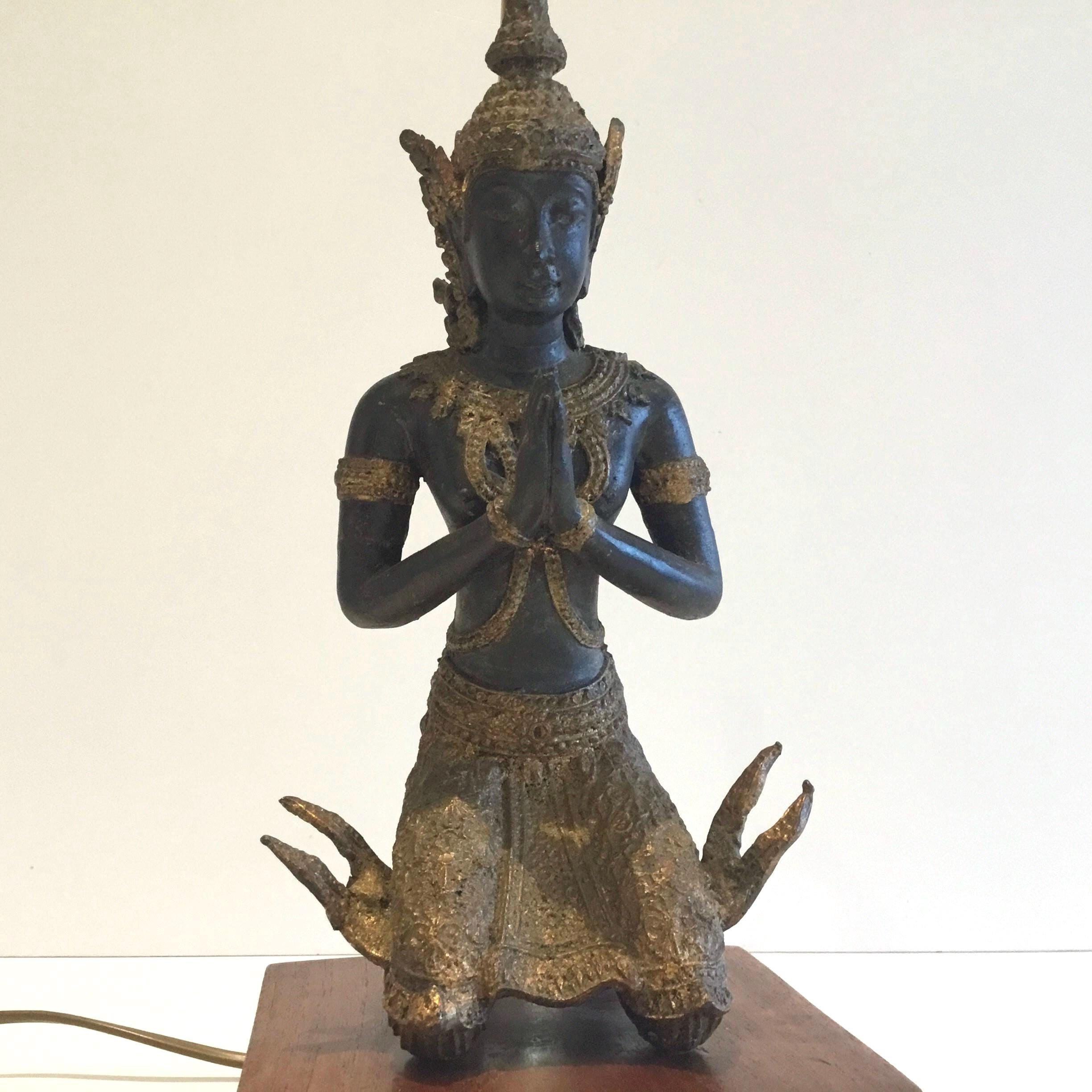 Vintage Thai Lamp | 1950s Bronze Theppanom Angel, Sacred Protector Statue with Light — photo 5 of 10