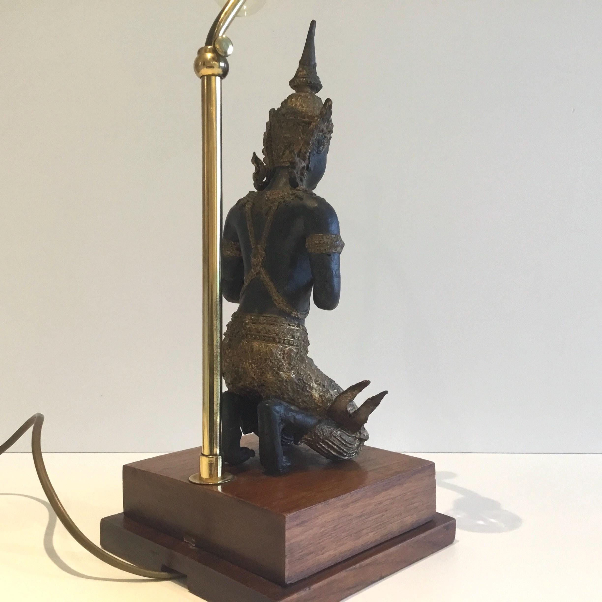 Vintage Thai Lamp | 1950s Bronze Theppanom Angel, Sacred Protector Statue with Light — photo 6 of 10