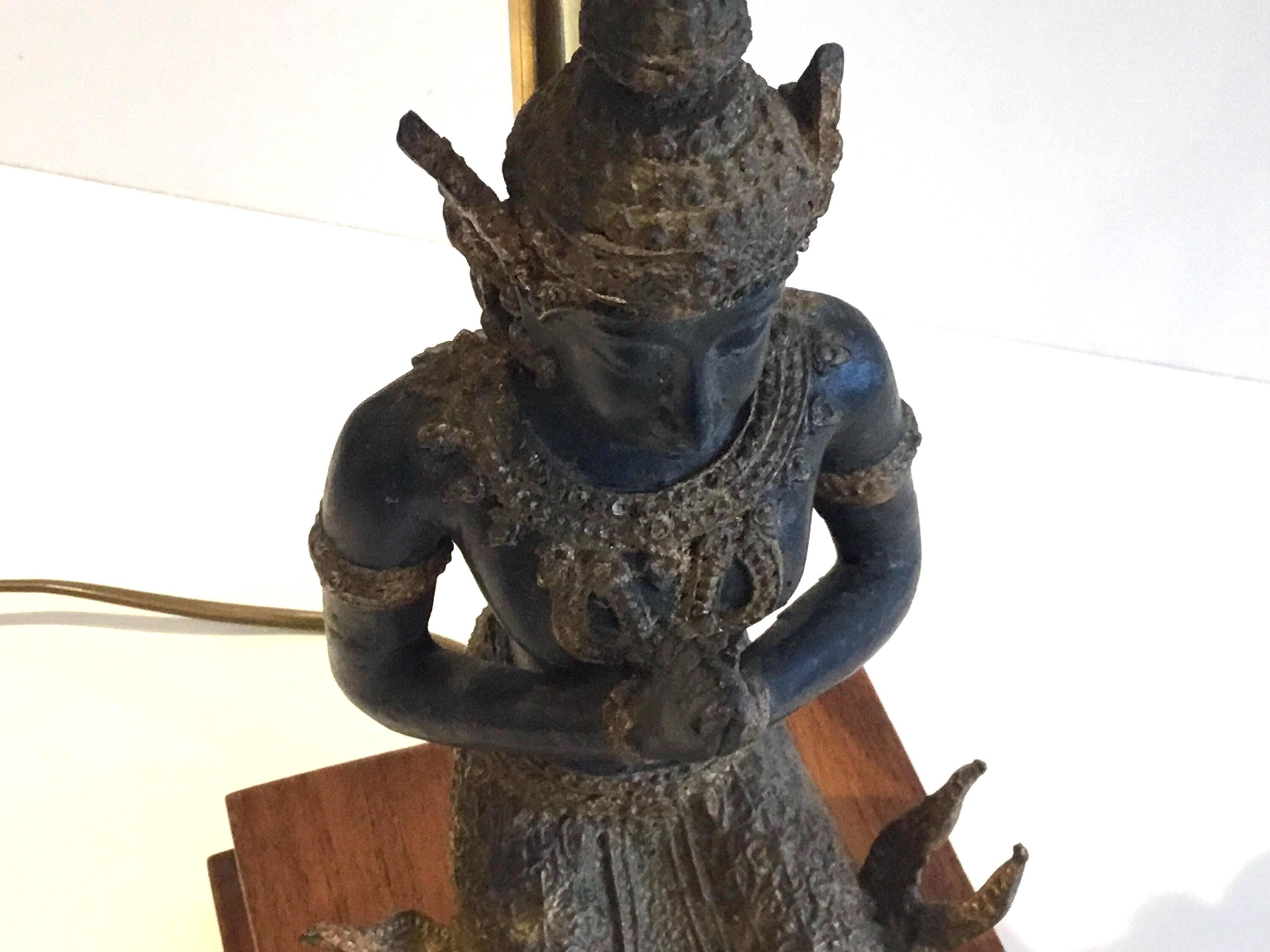 Vintage Thai Lamp | 1950s Bronze Theppanom Angel, Sacred Protector Statue with Light — photo 7 of 10