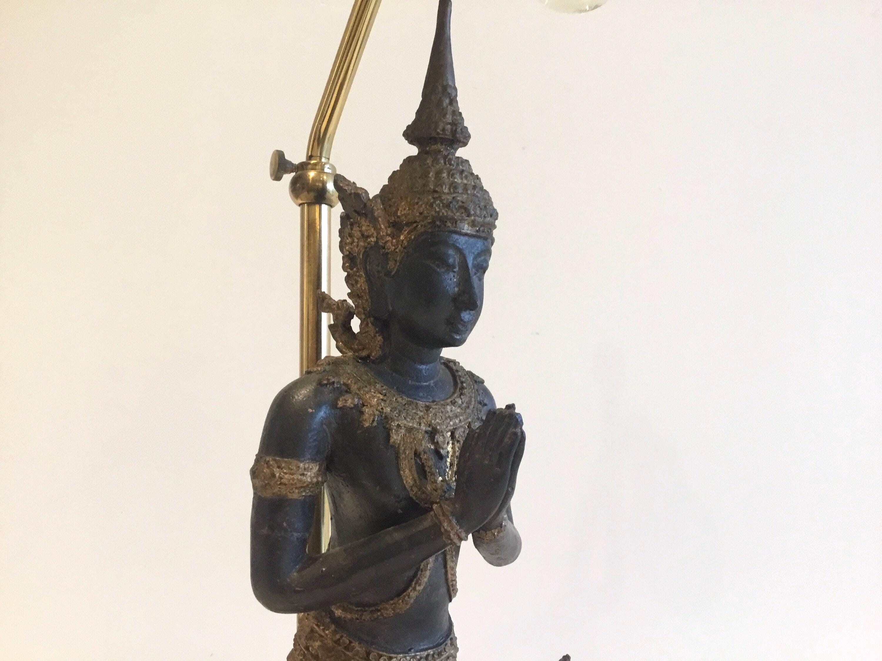 Vintage Thai Lamp | 1950s Bronze Theppanom Angel, Sacred Protector Statue with Light — photo 8 of 10