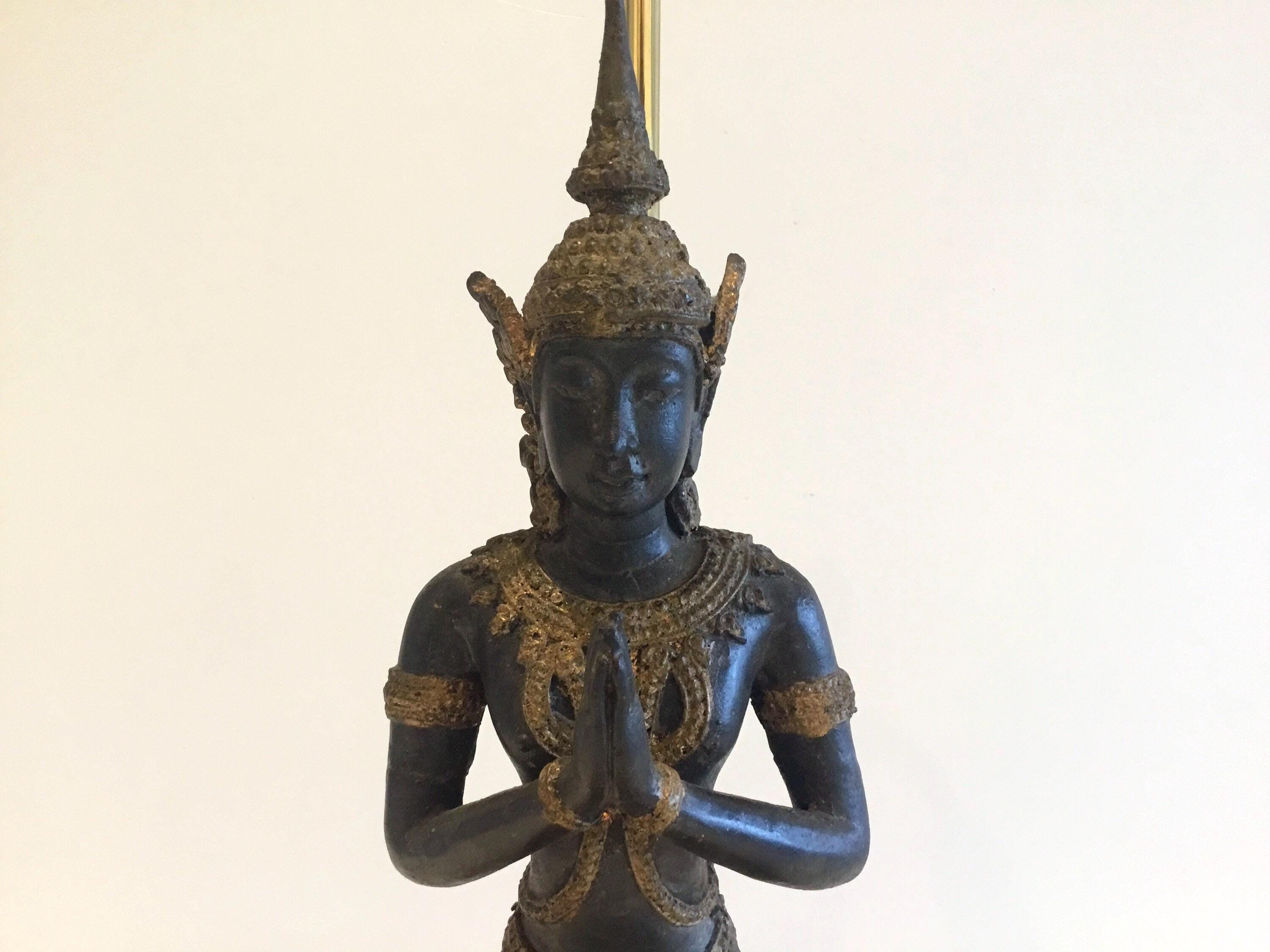 Vintage Thai Lamp | 1950s Bronze Theppanom Angel, Sacred Protector Statue with Light — photo 9 of 10