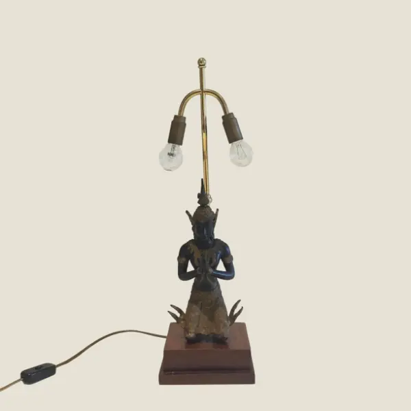 Vintage Thai Lamp | 1950s Bronze Theppanom Angel, Sacred Protector Statue with Light