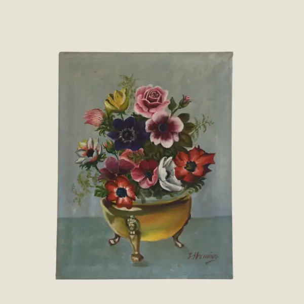 Vintage Painting | 1800s German Floral Still Life, F. Henning Oil on Canvas
