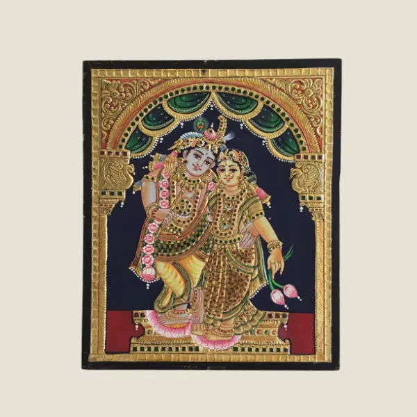 Indian Painting – Krishna & Radha, 1950s Hand-Painted Gold Leaf