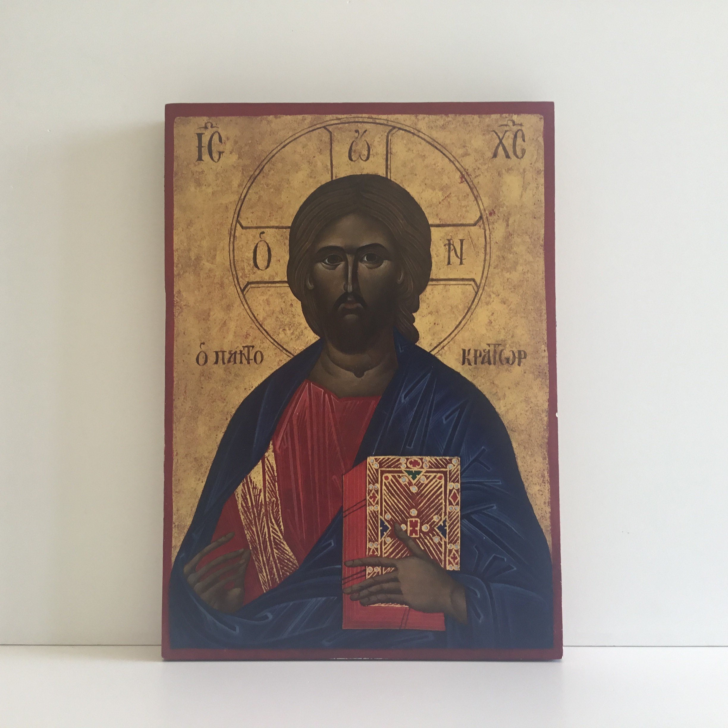 Vintage Orthodox Icon | Pantocrator Christ 1950s Greece, Hand Painted Tempera on Wood — photo 2 of 10