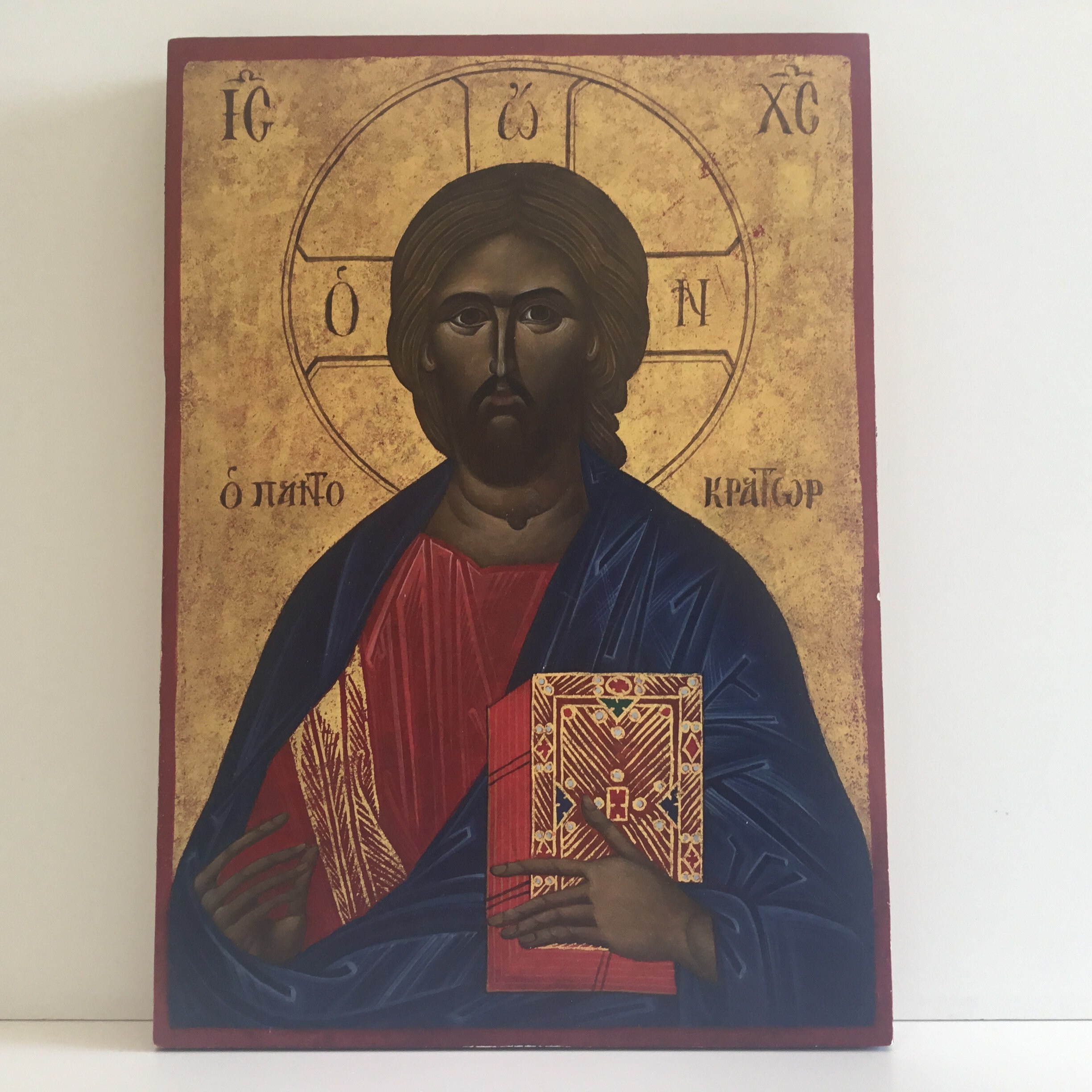 Vintage Orthodox Icon | Pantocrator Christ 1950s Greece, Hand Painted Tempera on Wood — photo 3 of 10