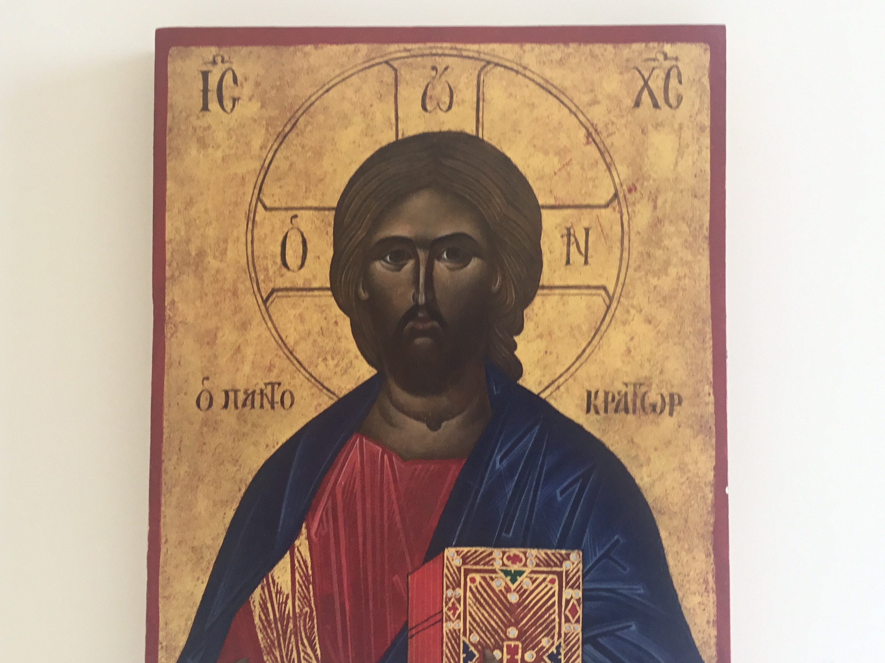 Vintage Orthodox Icon | Pantocrator Christ 1950s Greece, Hand Painted Tempera on Wood — photo 4 of 10