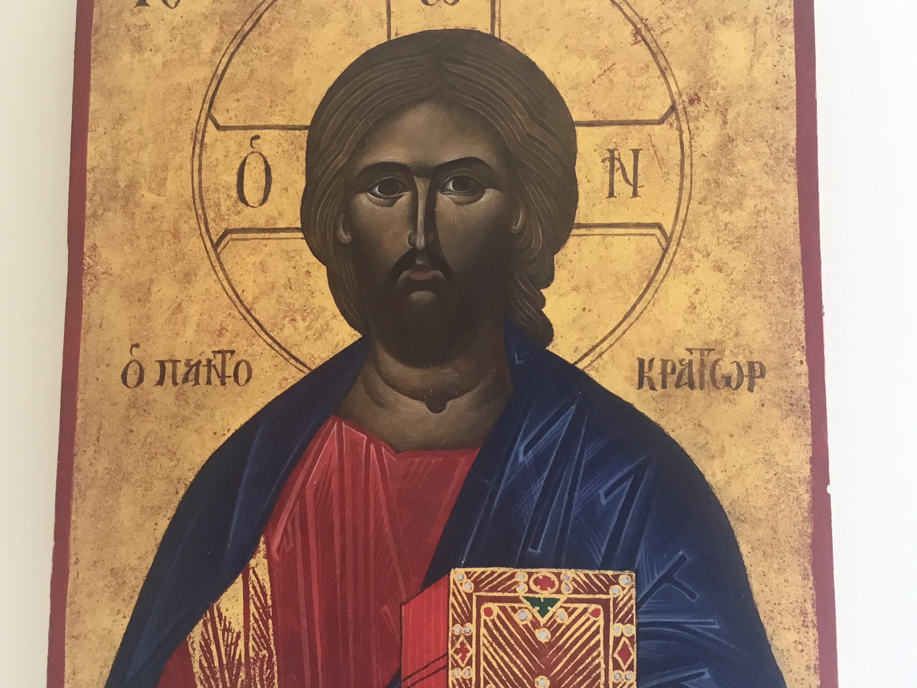 Vintage Orthodox Icon | Pantocrator Christ 1950s Greece, Hand Painted Tempera on Wood — photo 6 of 10