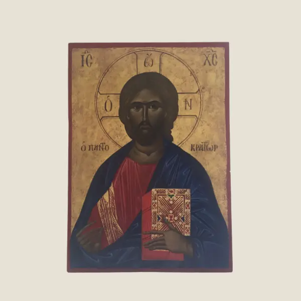 Vintage Orthodox Icon | Pantocrator Christ 1950s Greece, Hand Painted Tempera on Wood