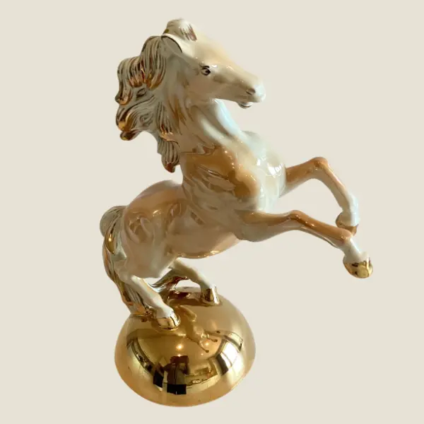 Vintage Porcelain Horse | Sicas Italy 1950s Large Figurine, Amber Ivory & 24k Gold