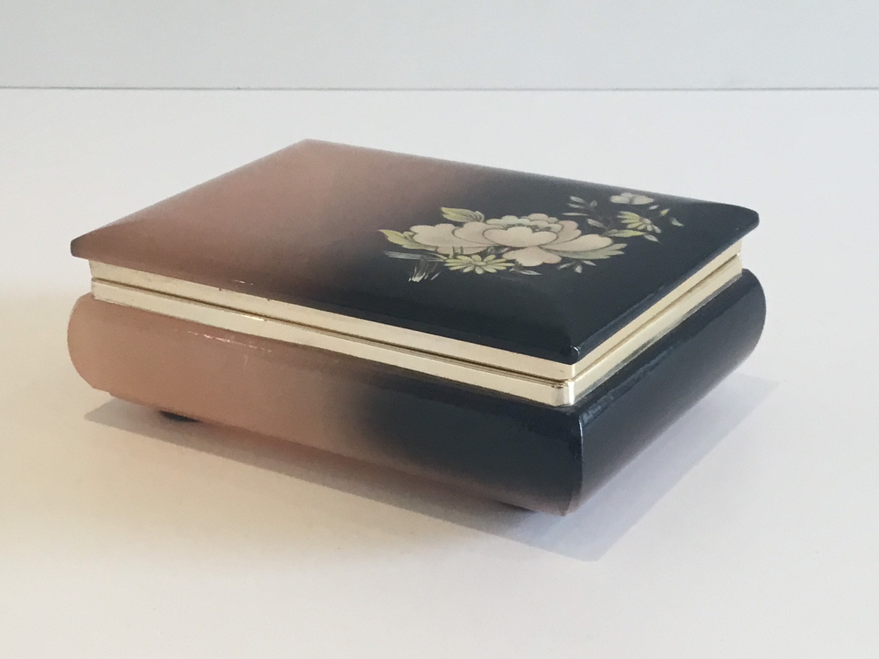 Vintage Onyx Box | 1980s Italian Jewelry-Cigarette Case, Handmade Floral Print — photo 2 of 7