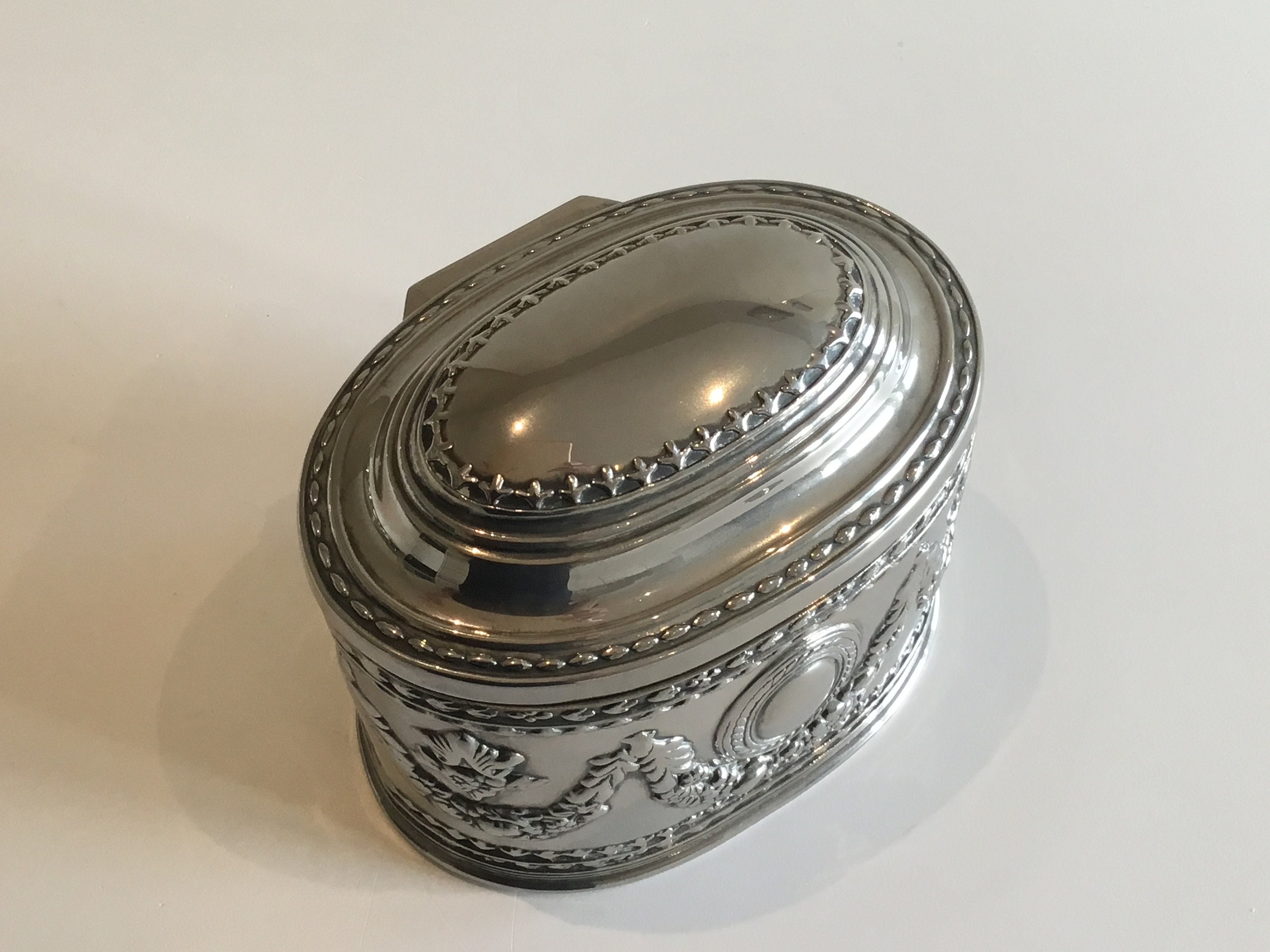 Vintage French Box | 1930s Silver-Plated Decorative Trinket Box, Red Velvet Lined — photo 4 of 10