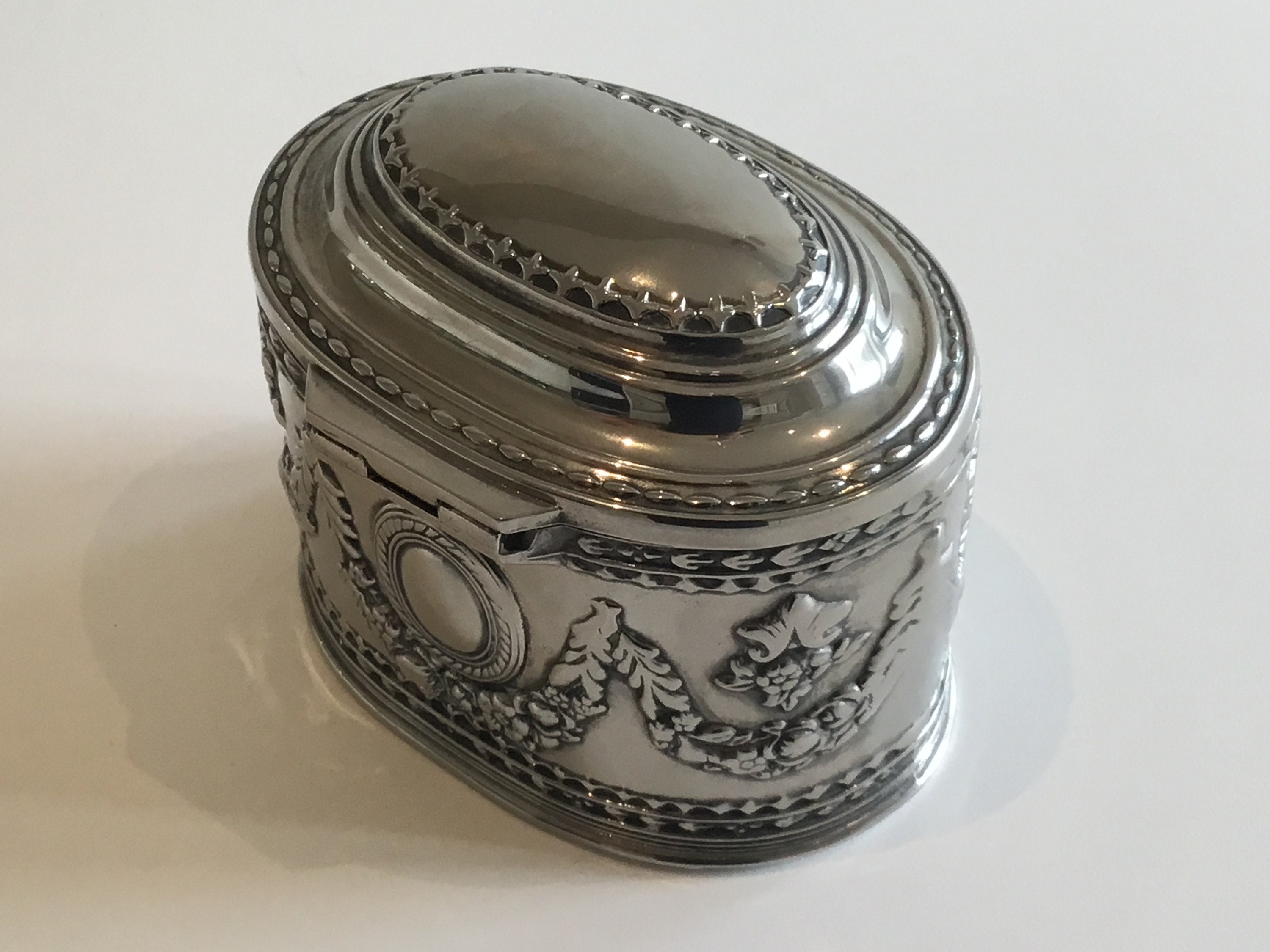 Vintage French Box | 1930s Silver-Plated Decorative Trinket Box, Red Velvet Lined — photo 5 of 10