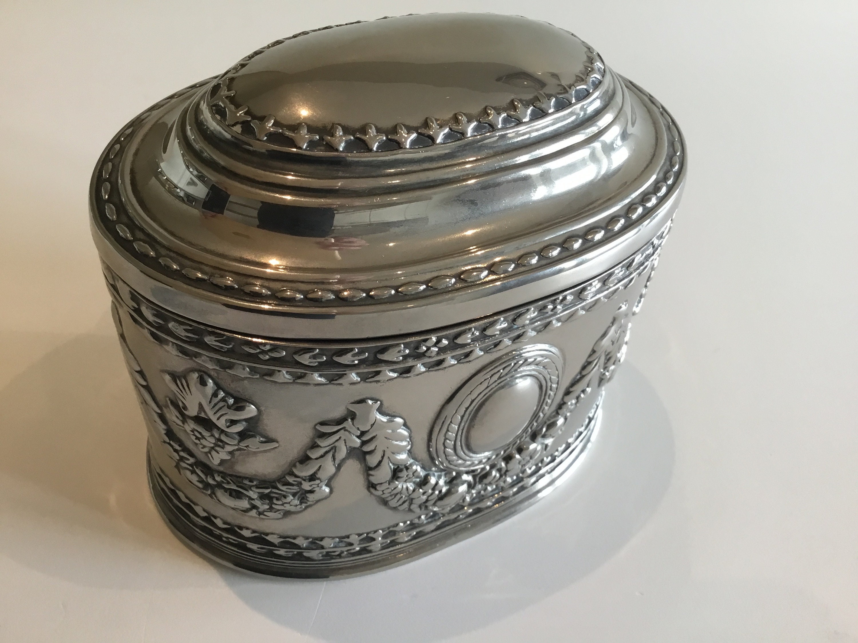 Vintage French Box | 1930s Silver-Plated Decorative Trinket Box, Red Velvet Lined — photo 6 of 10