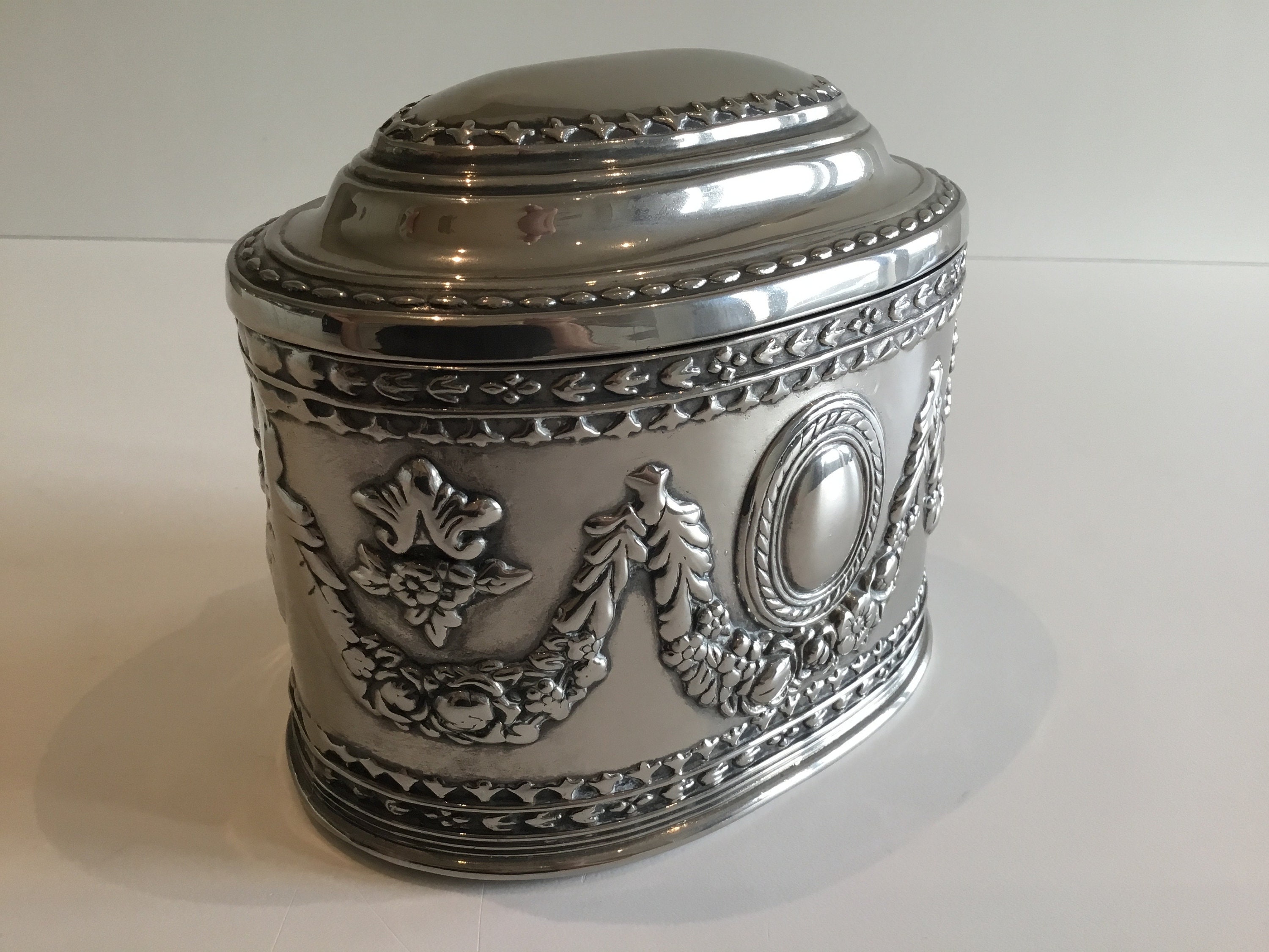 Vintage French Box | 1930s Silver-Plated Decorative Trinket Box, Red Velvet Lined — photo 7 of 10