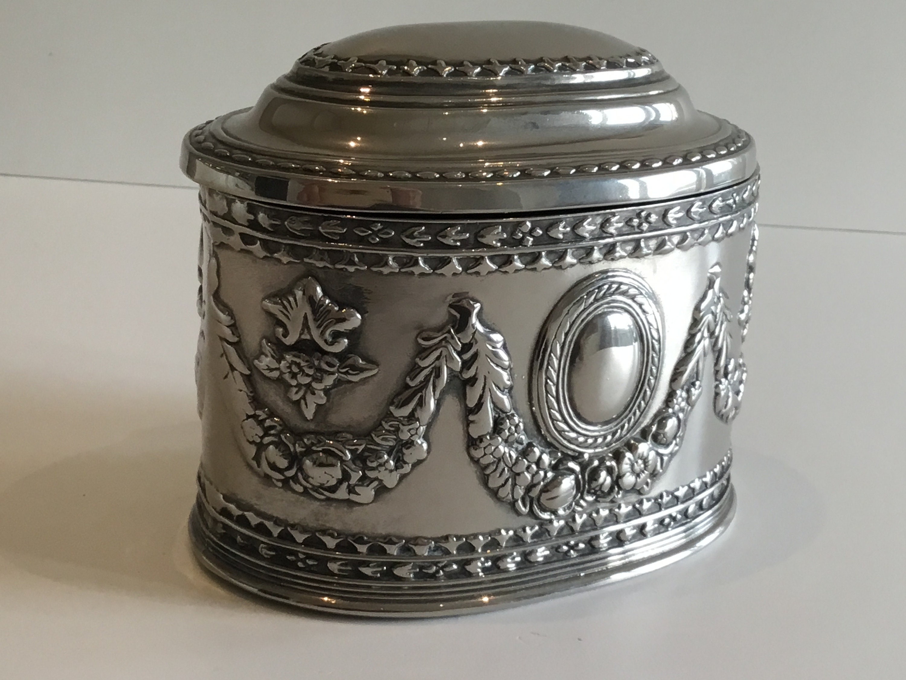 Vintage French Box | 1930s Silver-Plated Decorative Trinket Box, Red Velvet Lined — photo 8 of 10