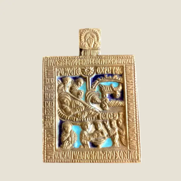 Vintage Bronze Icon | 1900s Nativity of Jesus, Travel Icon with Cyrillic Inscriptions