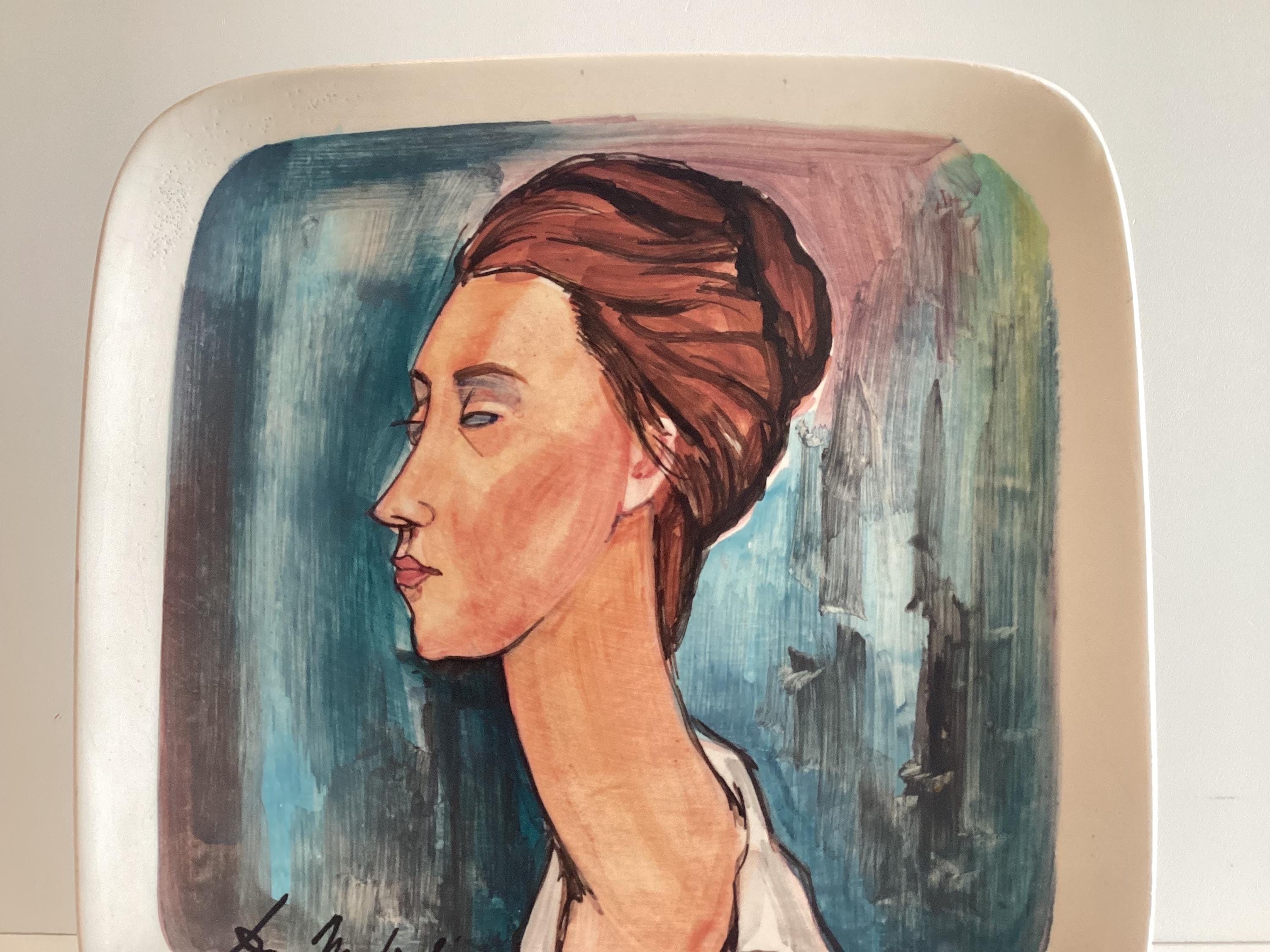 Vintage Ceramic Wall Plate Modigliani Portrait Hand Painted Italian Art Pottery Nove Italy — photo 5 of 7