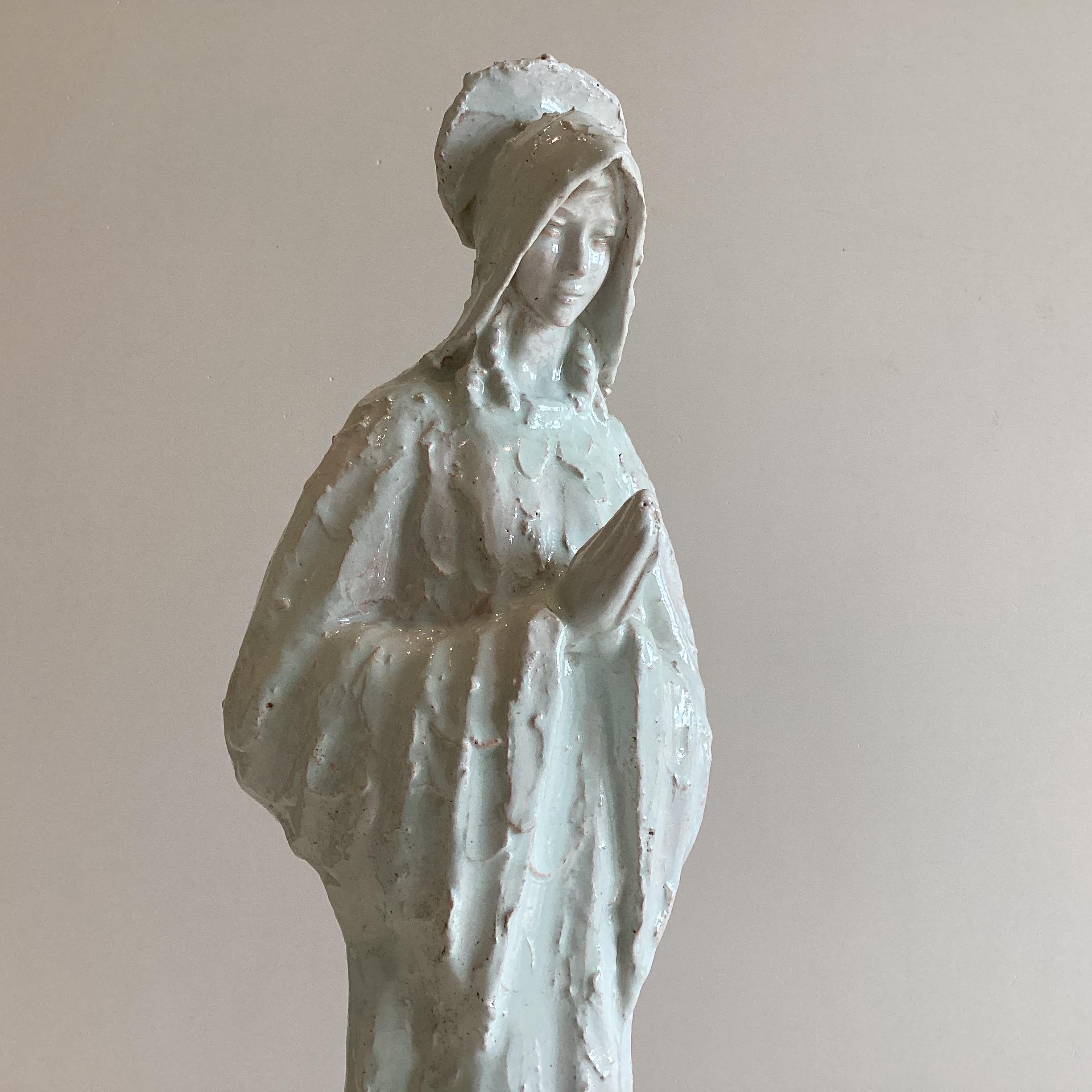 Vintage Religious Art — Large Madonna Sculpture in Majolica, Ernest Patris (1930s) Belgian Artist — photo 4 of 11