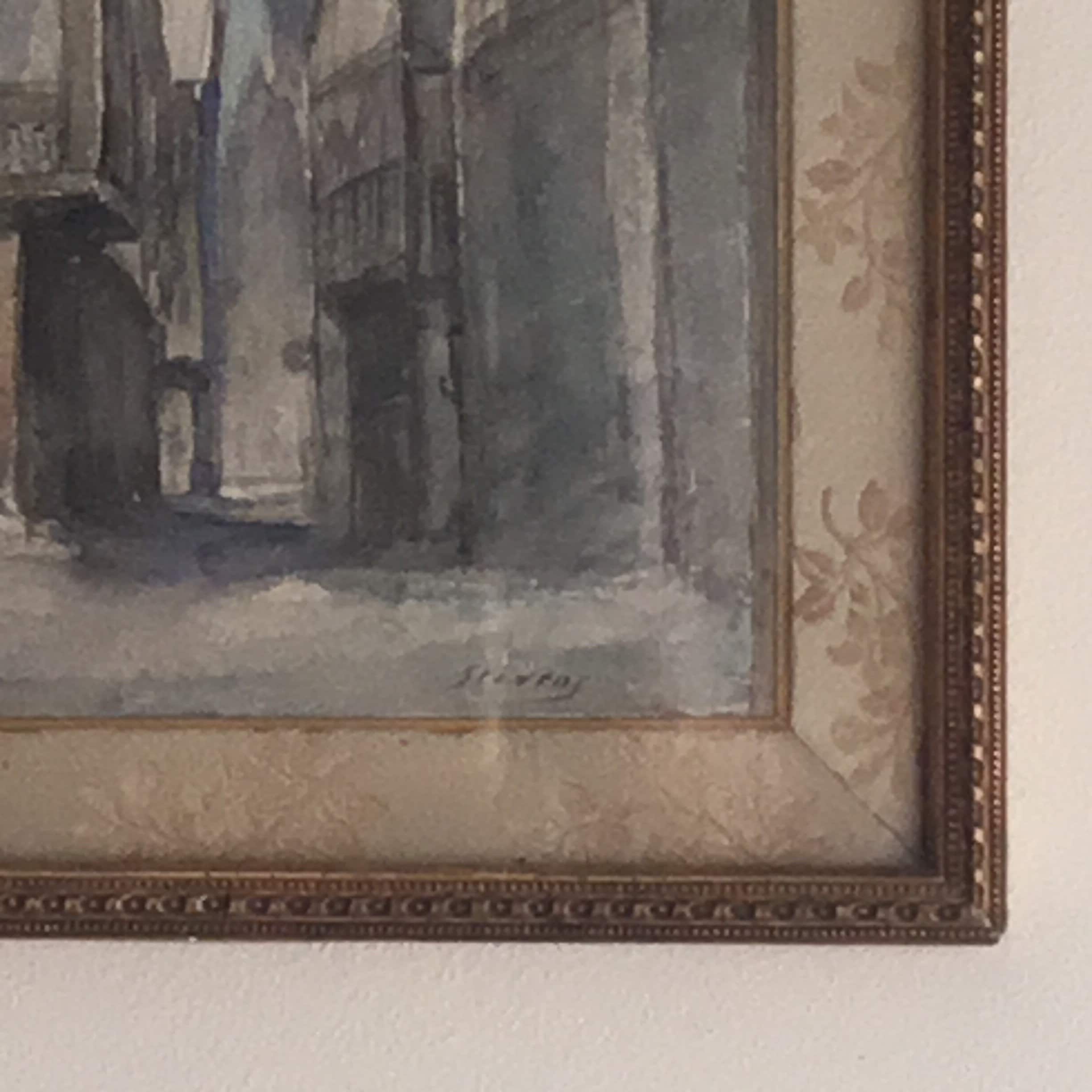 Antique Watercolour Painting | Alfred Stevens Late 19th Century, Belgian City Church View — photo 7 of 8