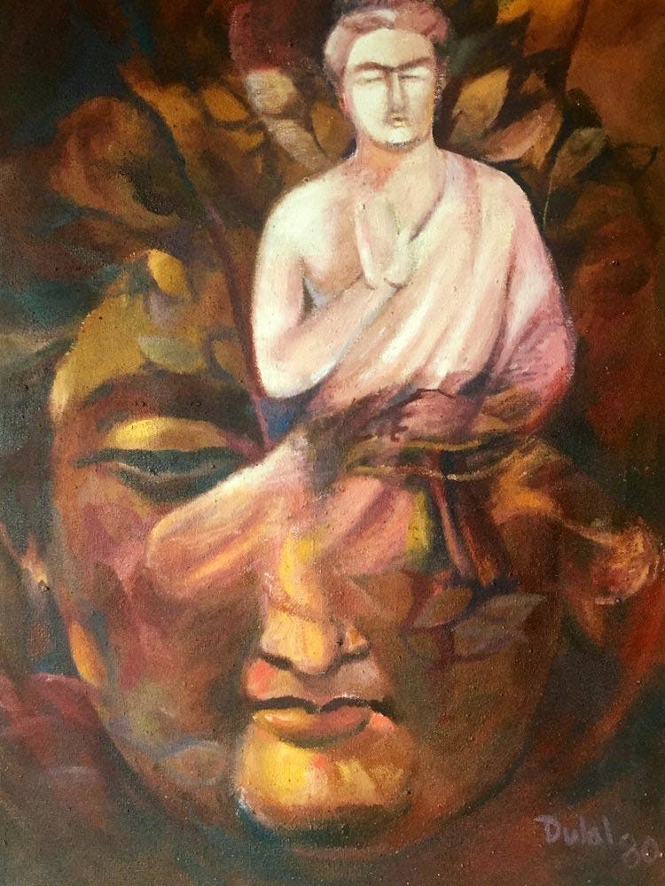 Large Buddha Painting | Dulal 1980 Indian Spiritual Artist, Signed Oil on Canvas Religious Art — photo 3 of 9