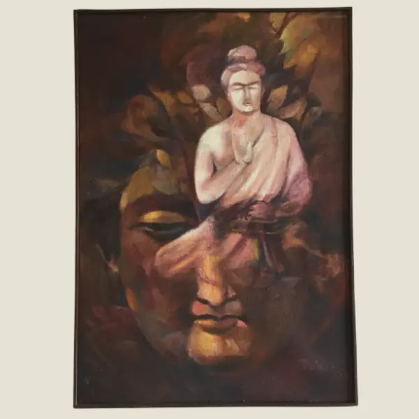 Large Buddha Painting | Dulal 1980 Indian Spiritual Artist, Signed Oil on Canvas Religious Art