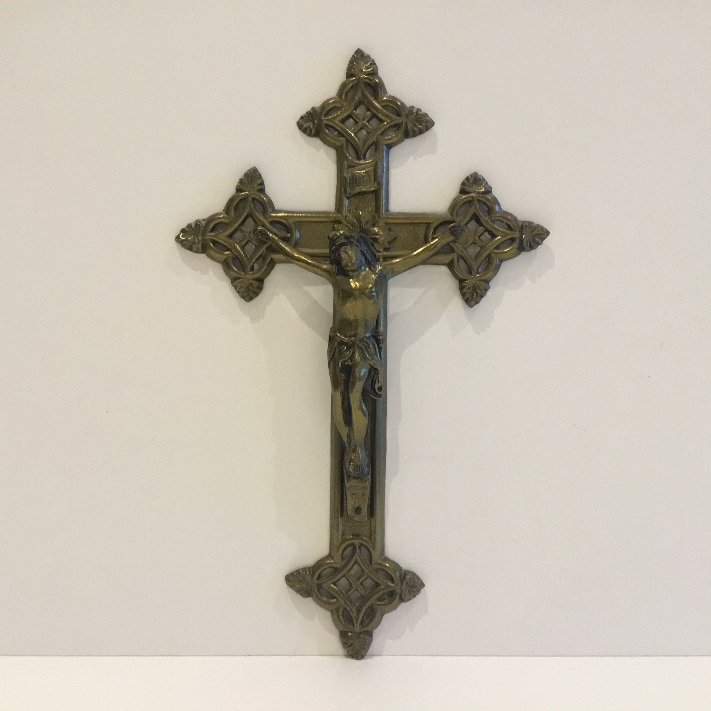 Vintage Metal Crucifix | 1950s French Catholic Cross, Bronzed Figure Marked AE — photo 2 of 8