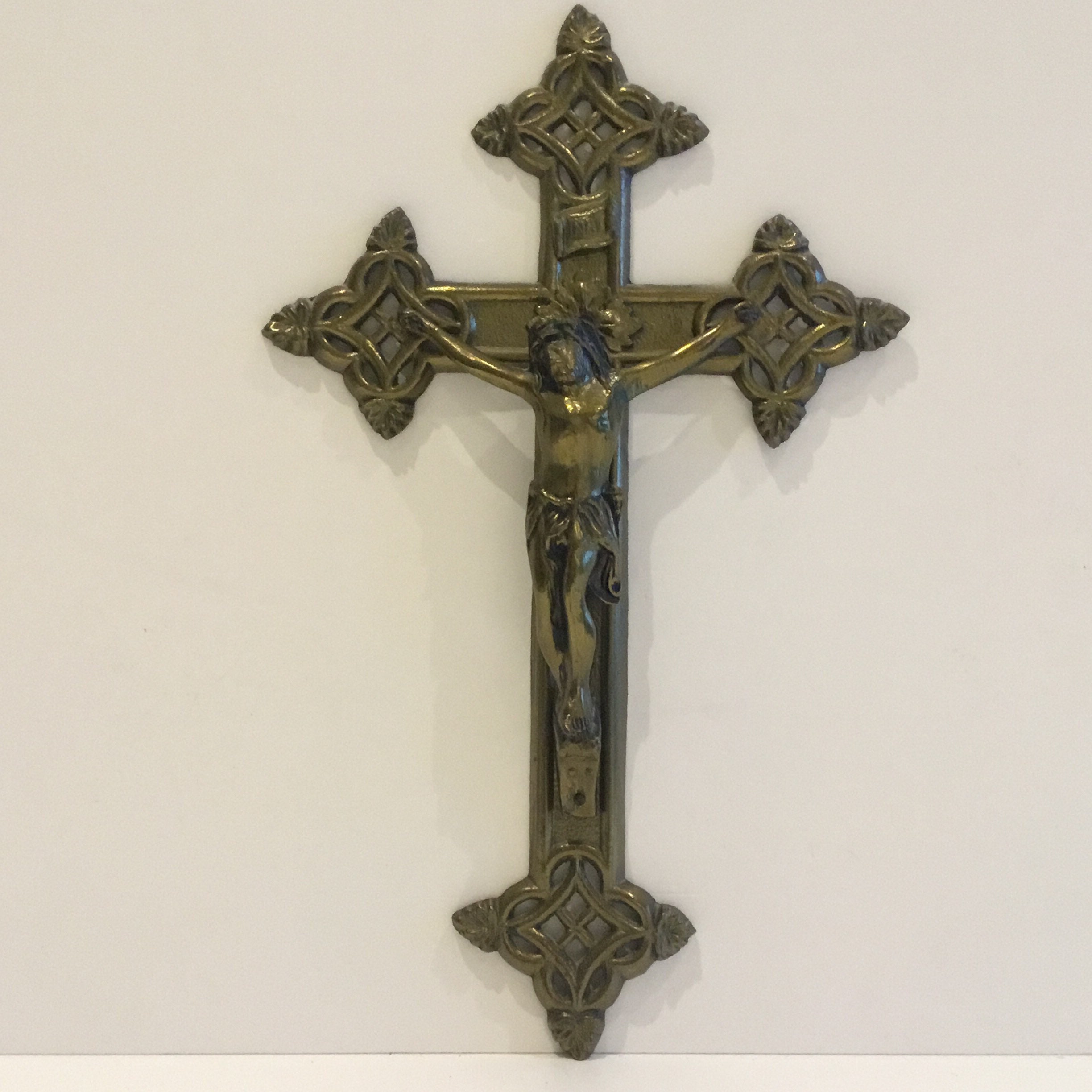 Vintage Metal Crucifix | 1950s French Catholic Cross, Bronzed Figure Marked AE — photo 3 of 8