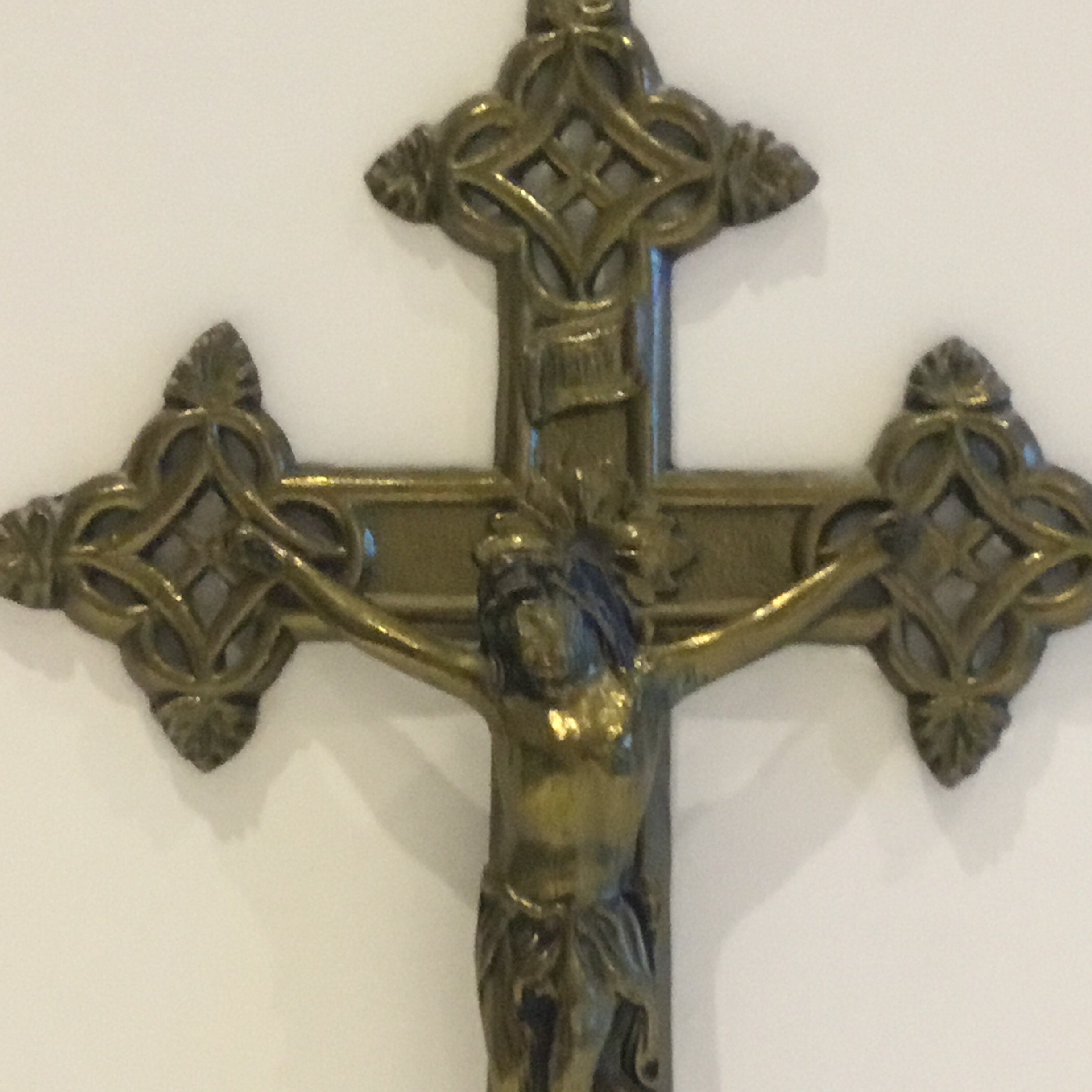 Vintage Metal Crucifix | 1950s French Catholic Cross, Bronzed Figure Marked AE — photo 4 of 8