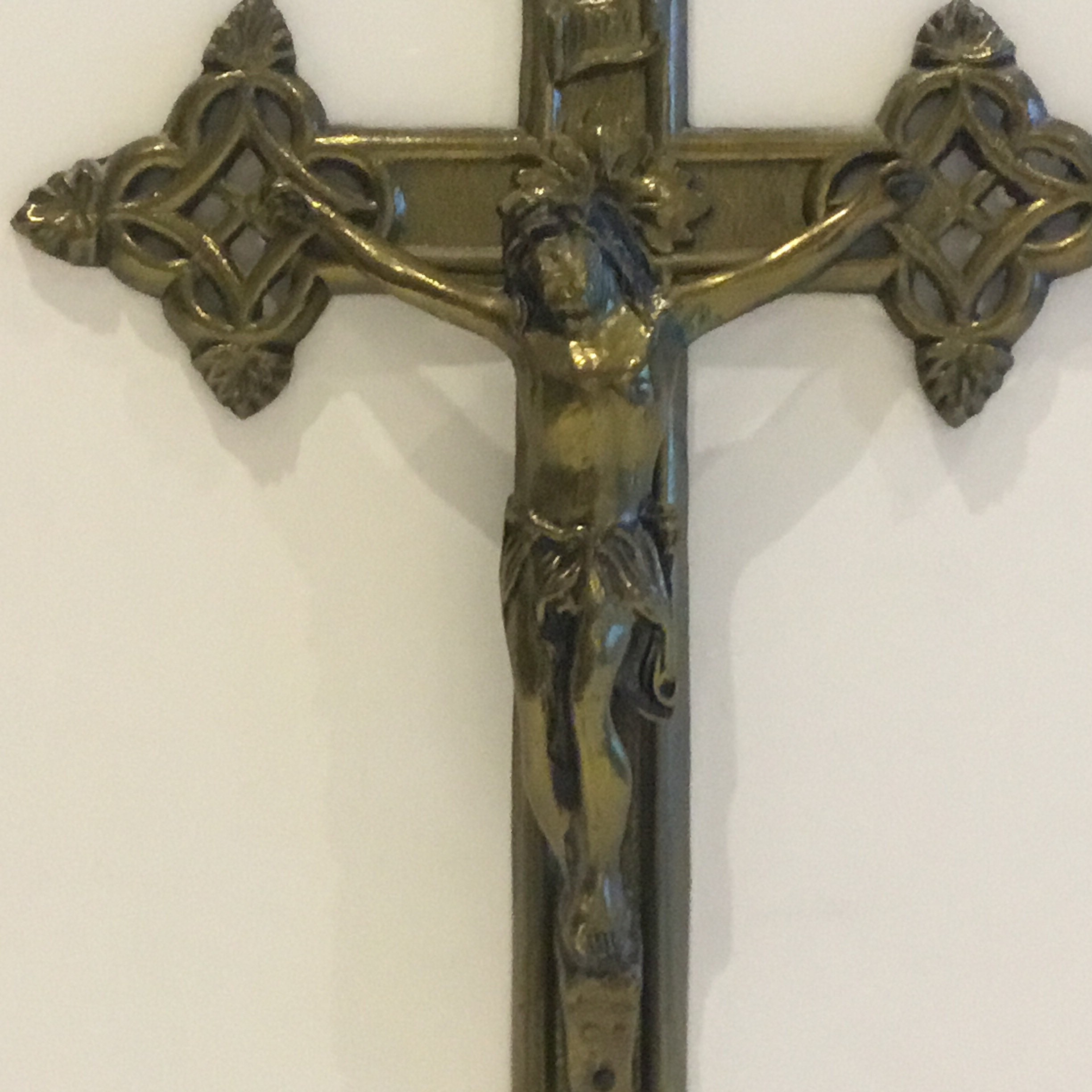 Vintage Metal Crucifix | 1950s French Catholic Cross, Bronzed Figure Marked AE — photo 5 of 8