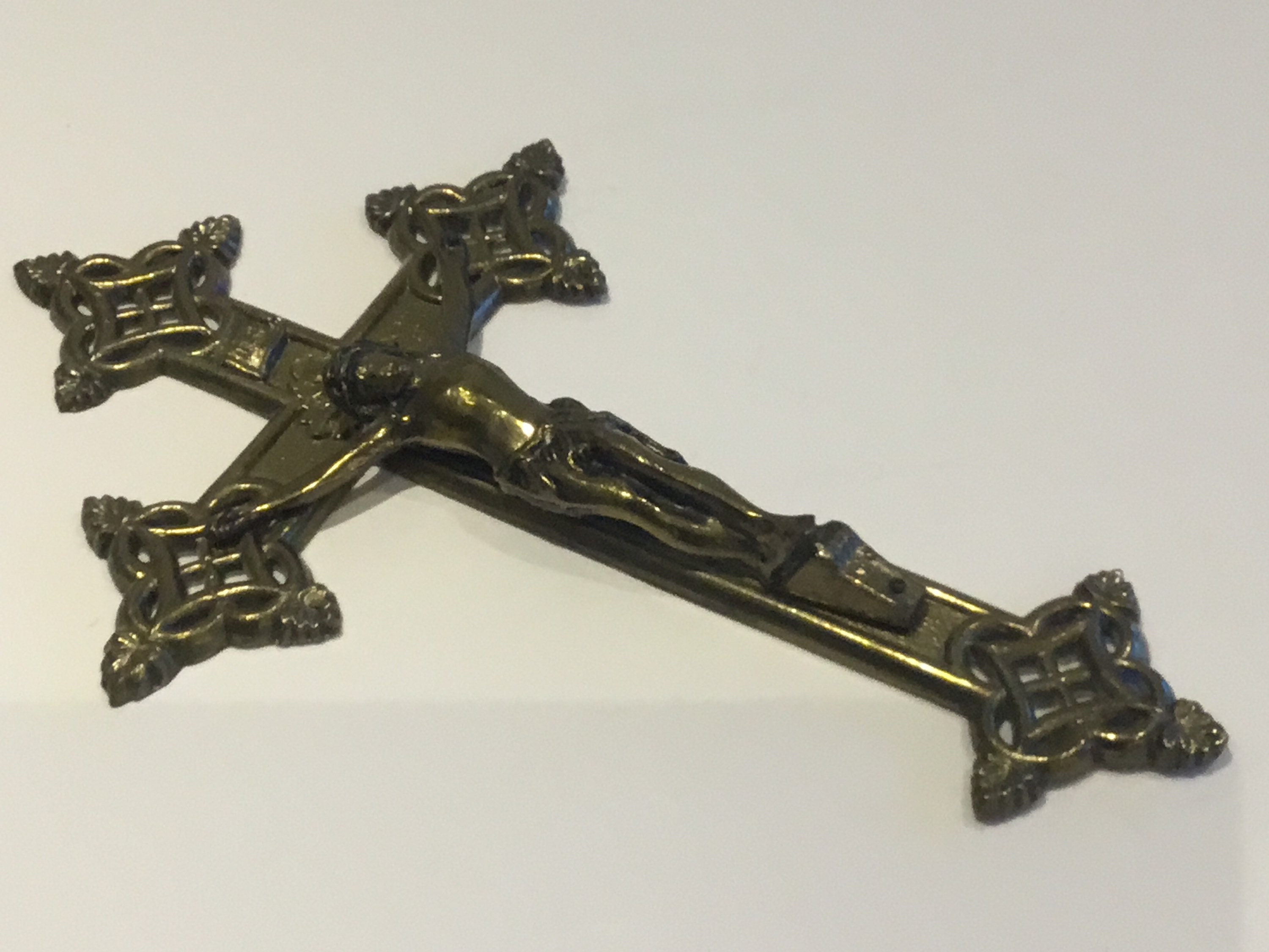 Vintage Metal Crucifix | 1950s French Catholic Cross, Bronzed Figure Marked AE — photo 7 of 8