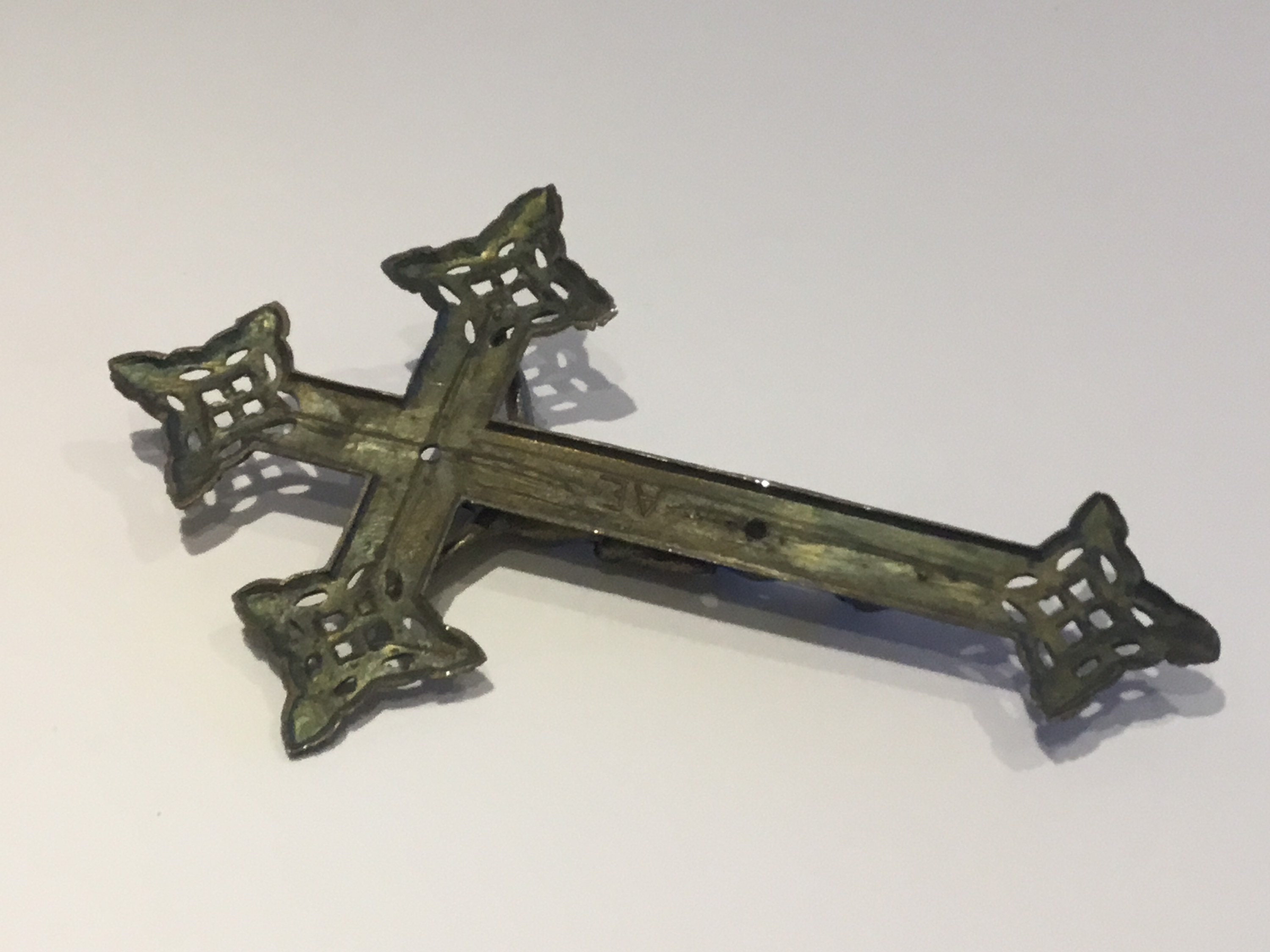 Vintage Metal Crucifix | 1950s French Catholic Cross, Bronzed Figure Marked AE — photo 8 of 8