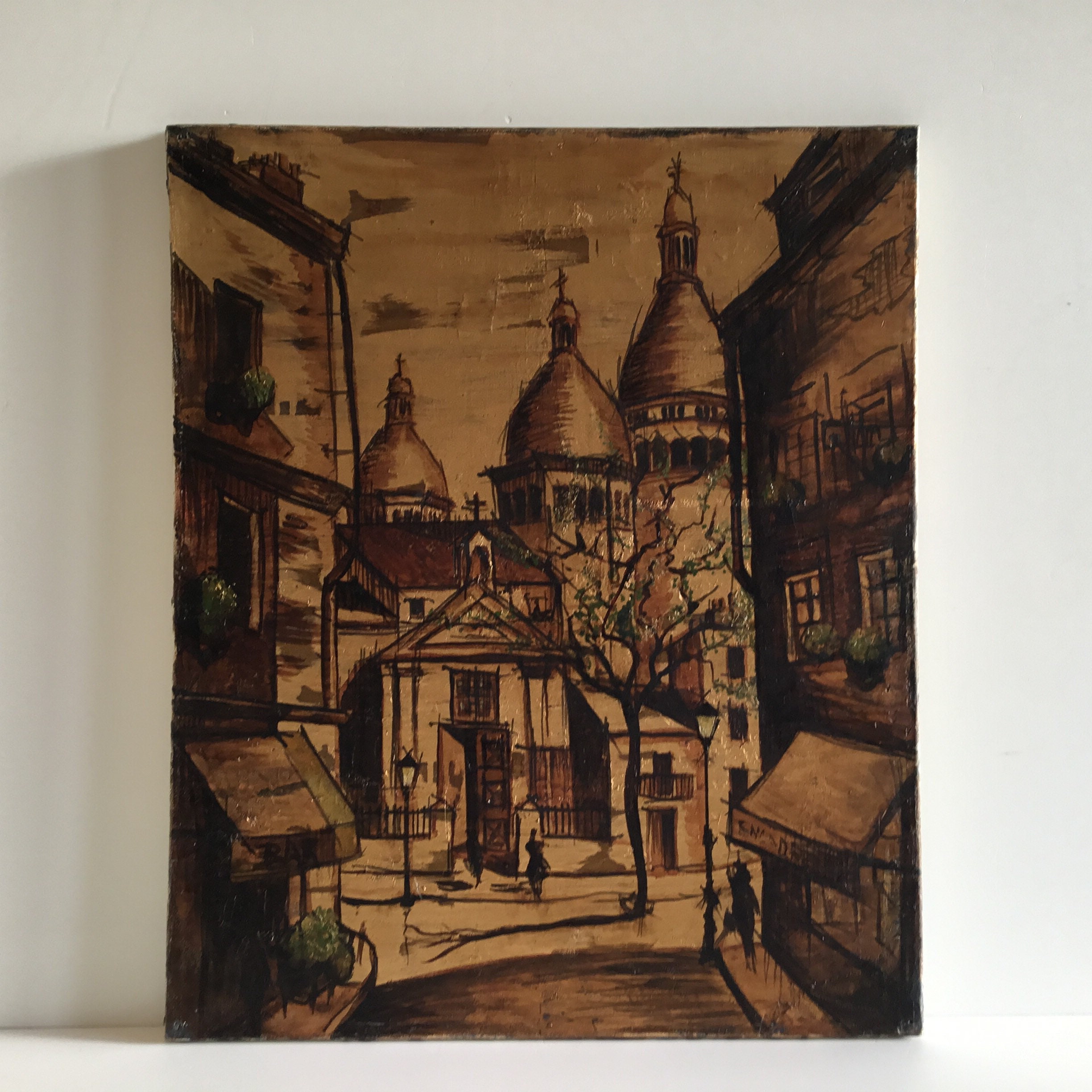 Vintage Painting | 1961 Paris Montmartre Landscape, Ramon Del Campo Signed Gold Technique — photo 2 of 7