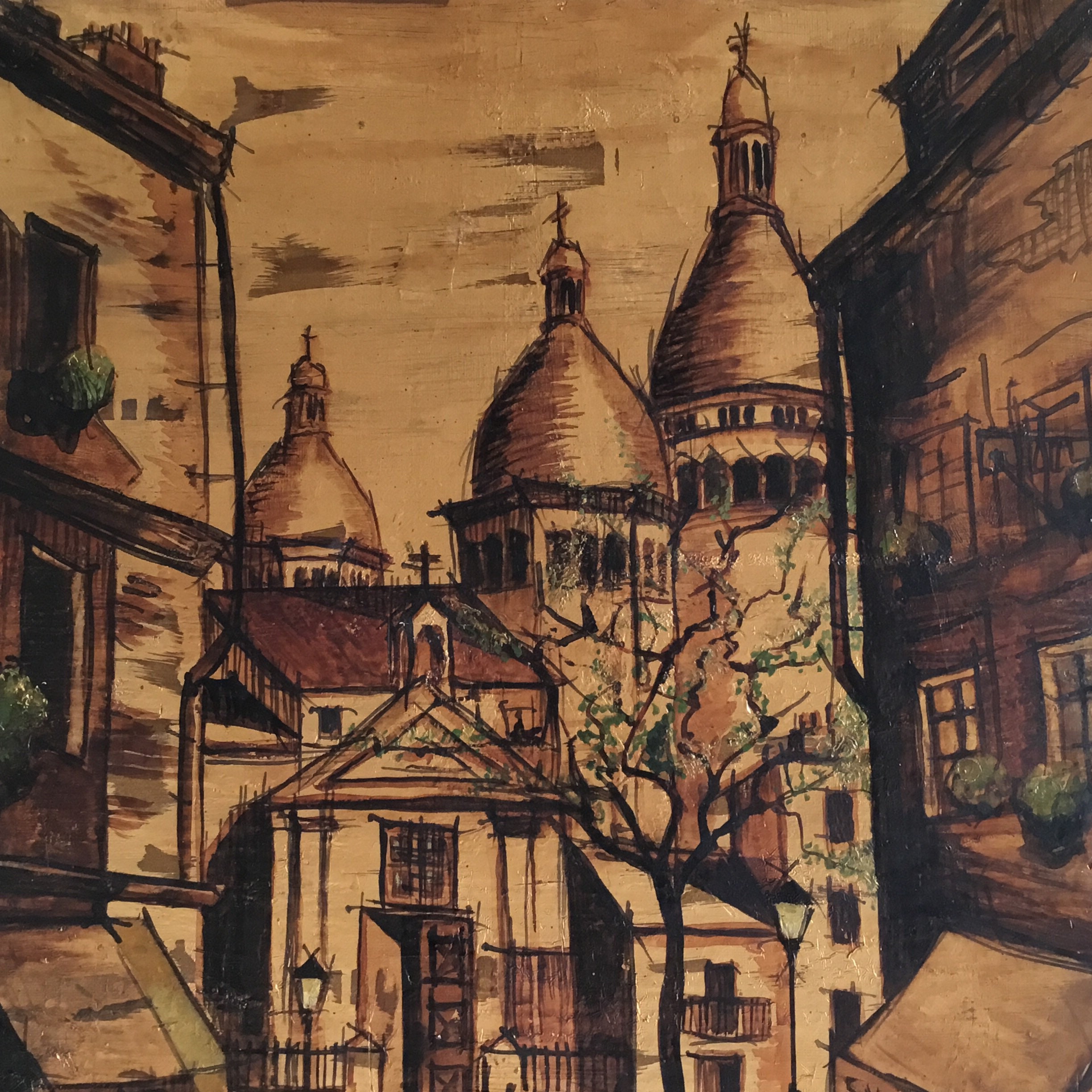 Vintage Painting | 1961 Paris Montmartre Landscape, Ramon Del Campo Signed Gold Technique — photo 4 of 7