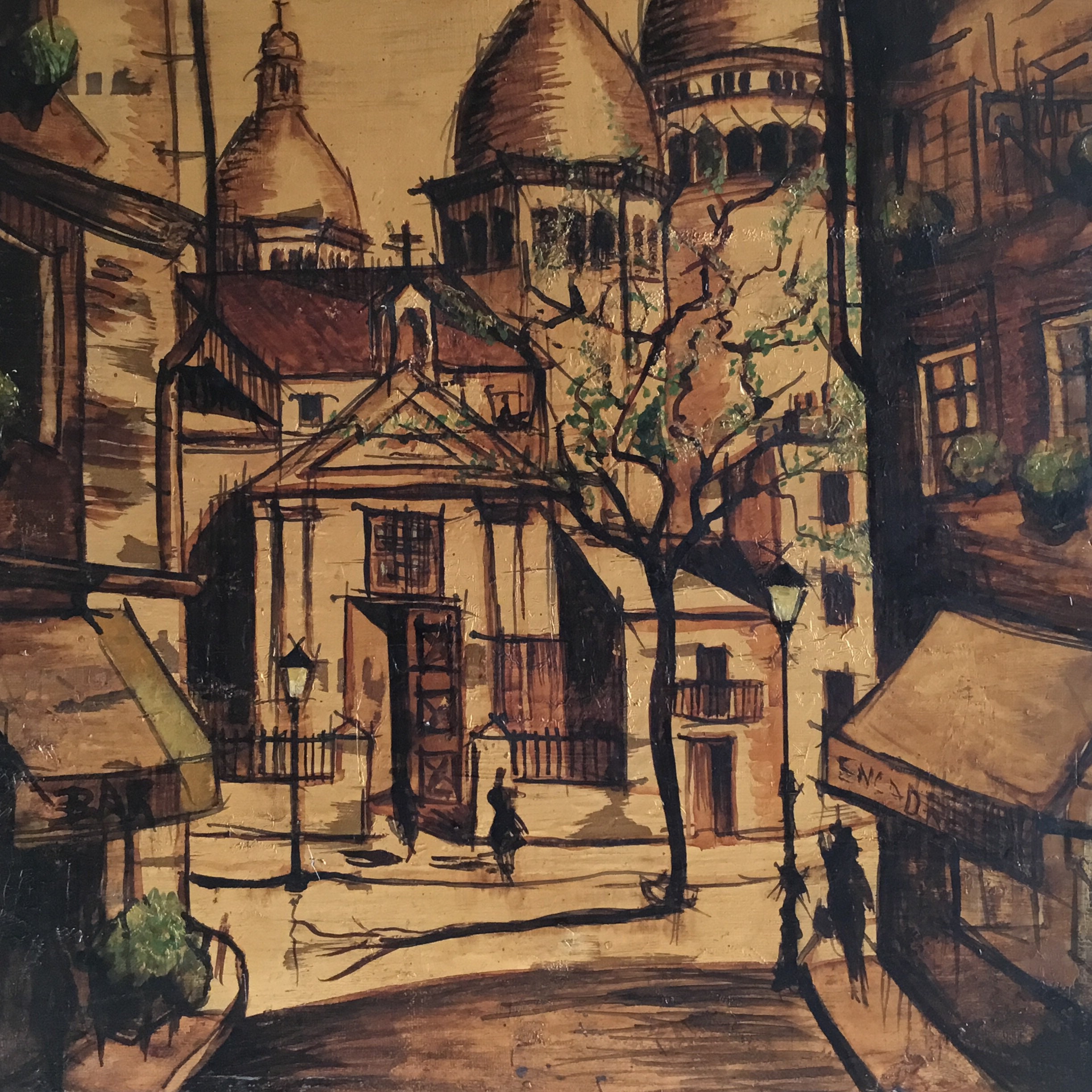 Vintage Painting | 1961 Paris Montmartre Landscape, Ramon Del Campo Signed Gold Technique — photo 5 of 7