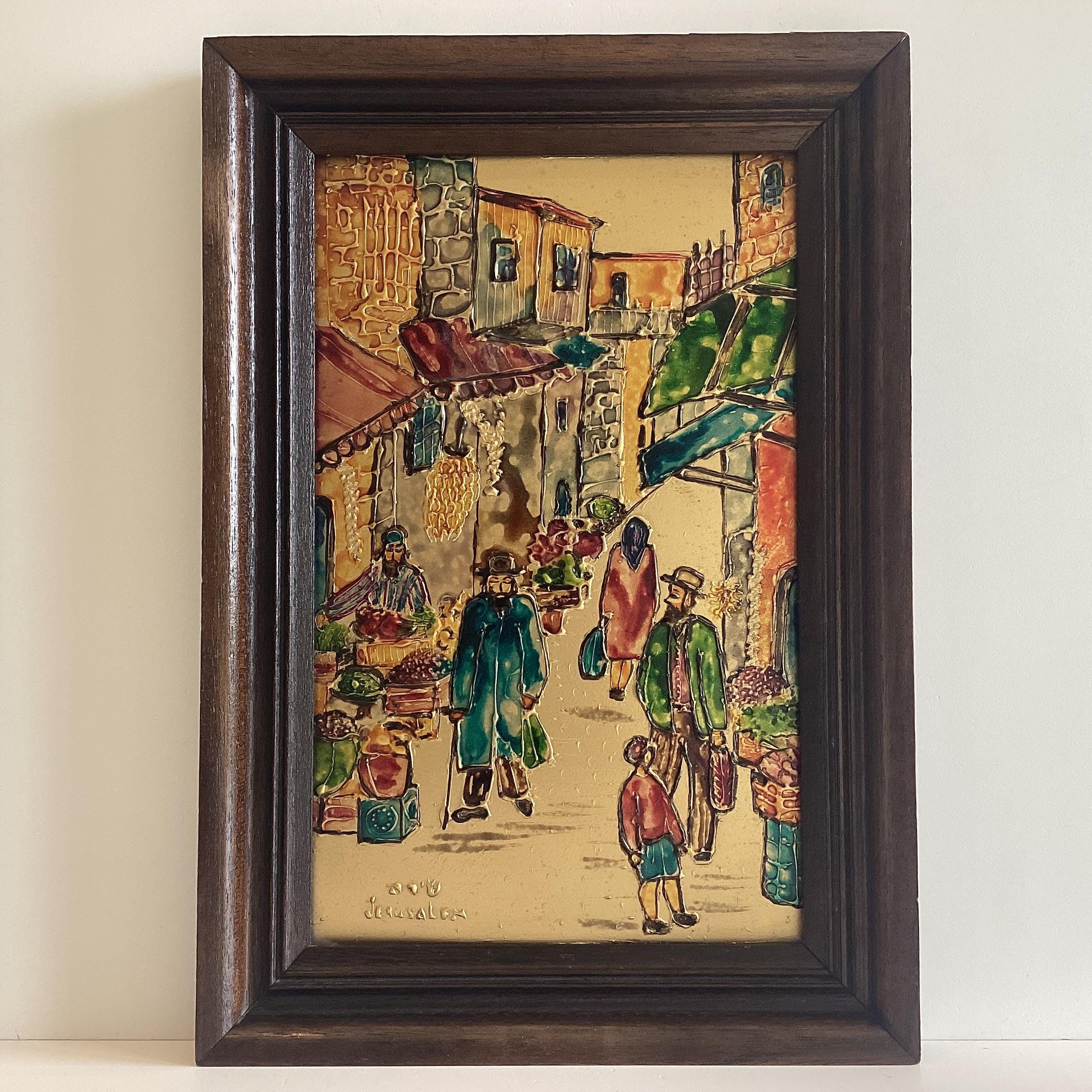 Vintage Plaque | 1950s Israel Jerusalem Scene, Hand Painted Relief Decoration — photo 2 of 7
