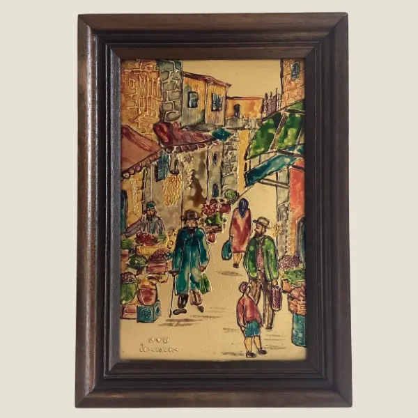 Vintage Plaque | 1950s Israel Jerusalem Scene, Hand Painted Relief Decoration
