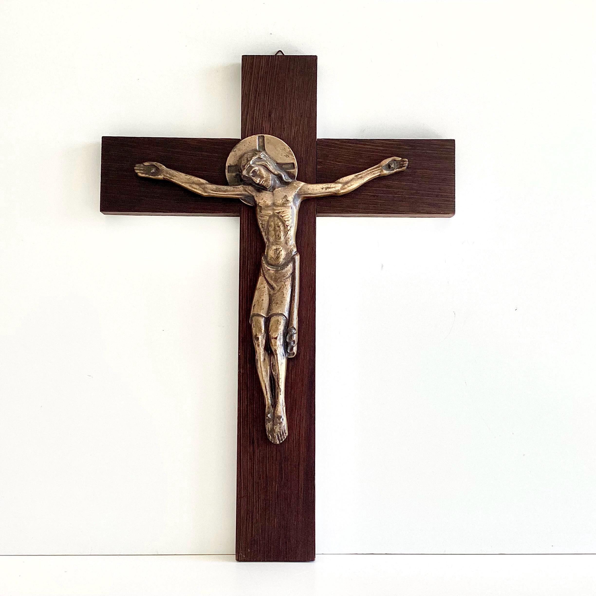 Vintage Crucifix | F. Jaques et Frères 1930s Art Deco, Bronze Christ on Pateraki Wood — photo 2 of 11