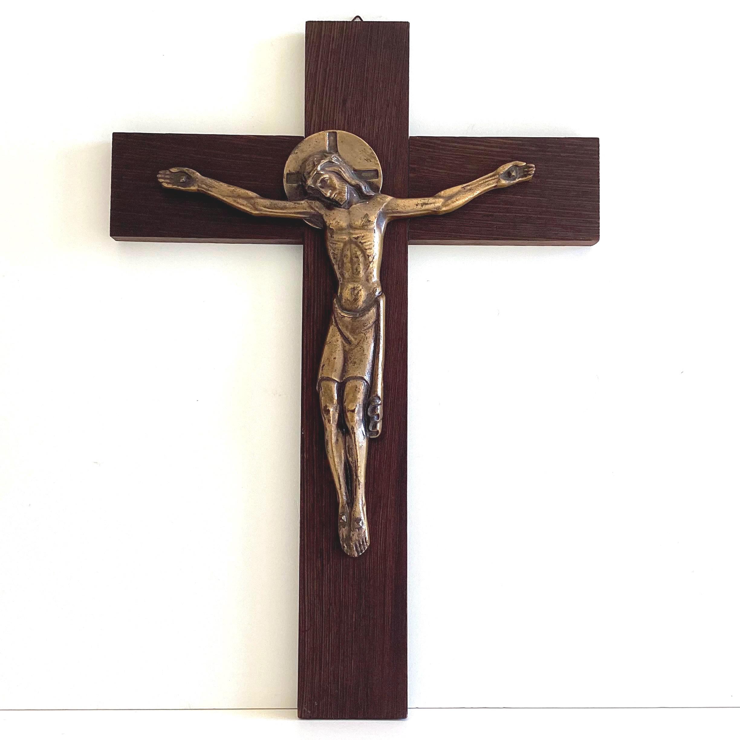 Vintage Crucifix | F. Jaques et Frères 1930s Art Deco, Bronze Christ on Pateraki Wood — photo 3 of 11